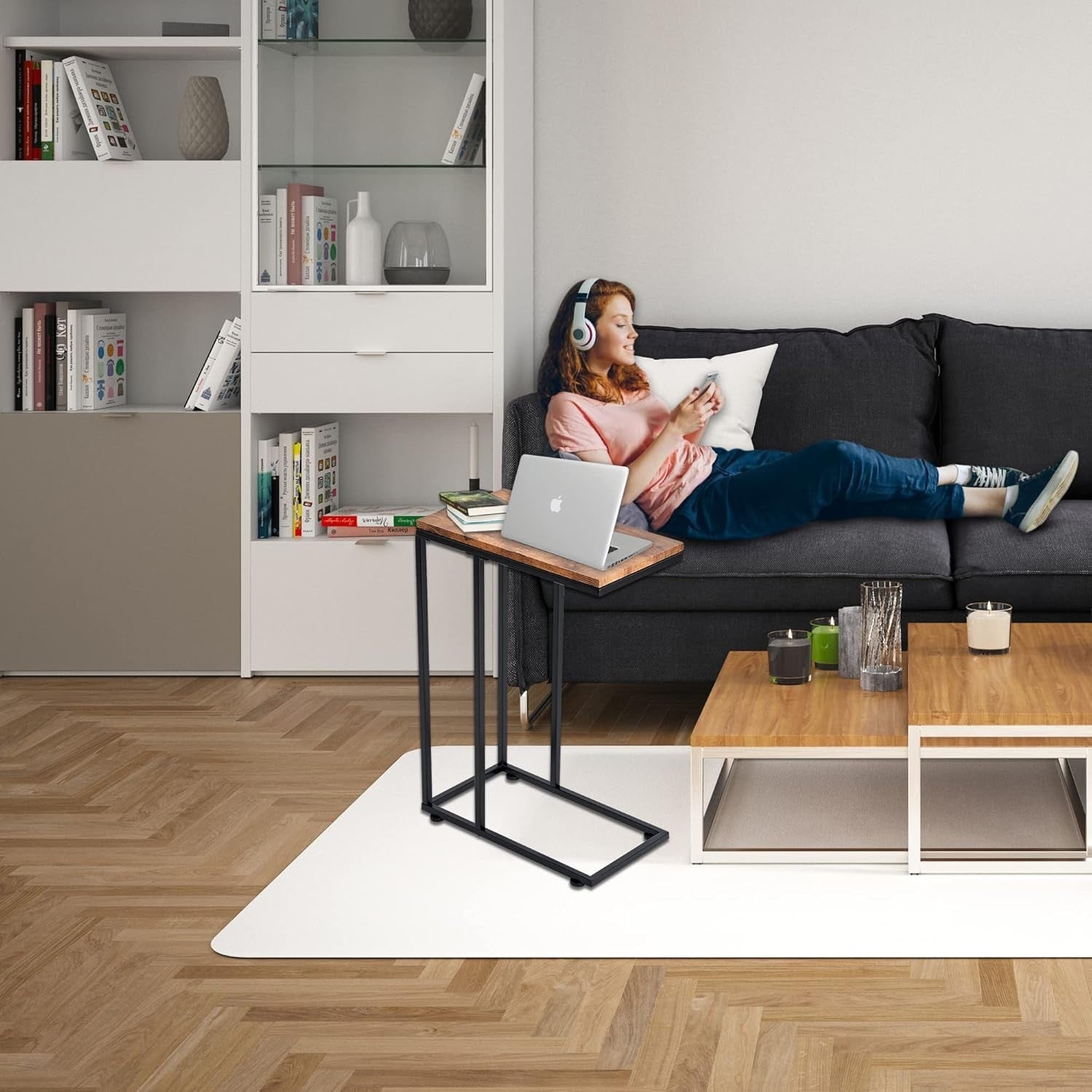 Rustic Wood C Shaped Side Table | Sofa Bed Laptop Snack Coffee Stand