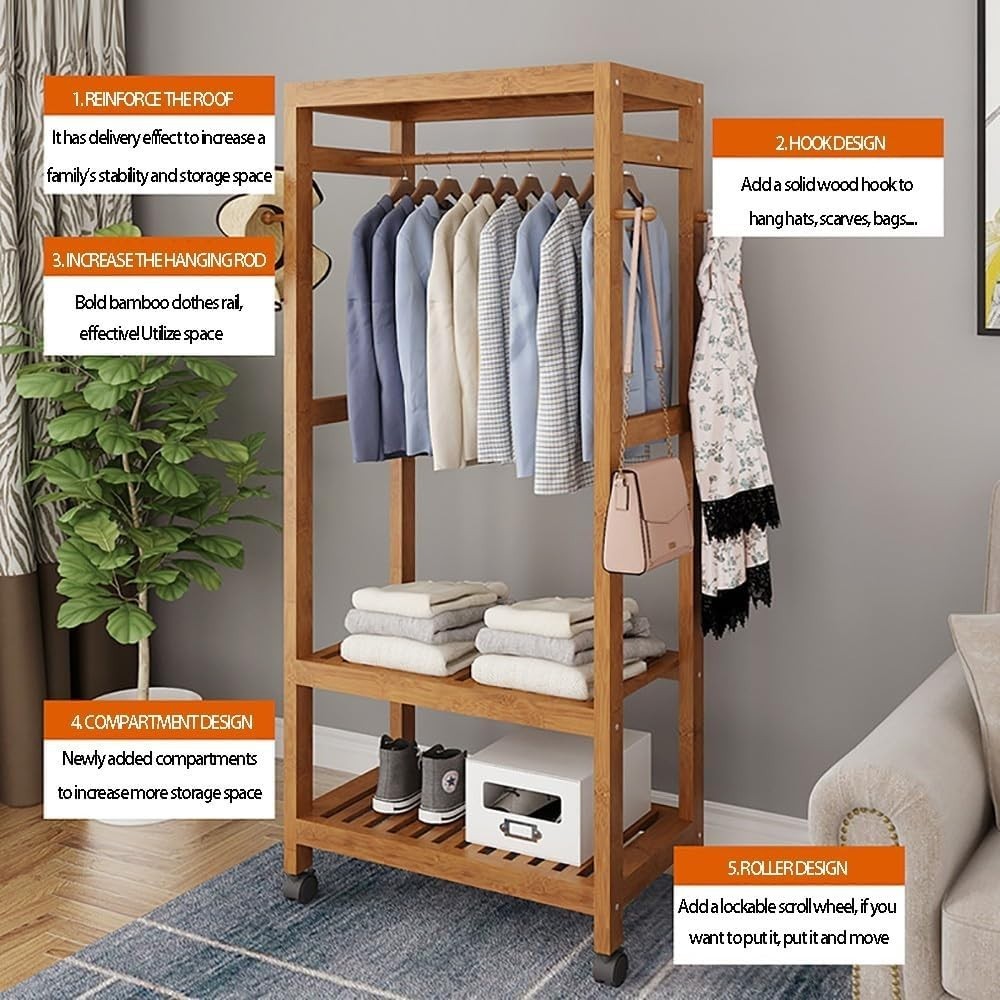 Bamboo Clothes Rack Garment Storage Trolley on Wheels