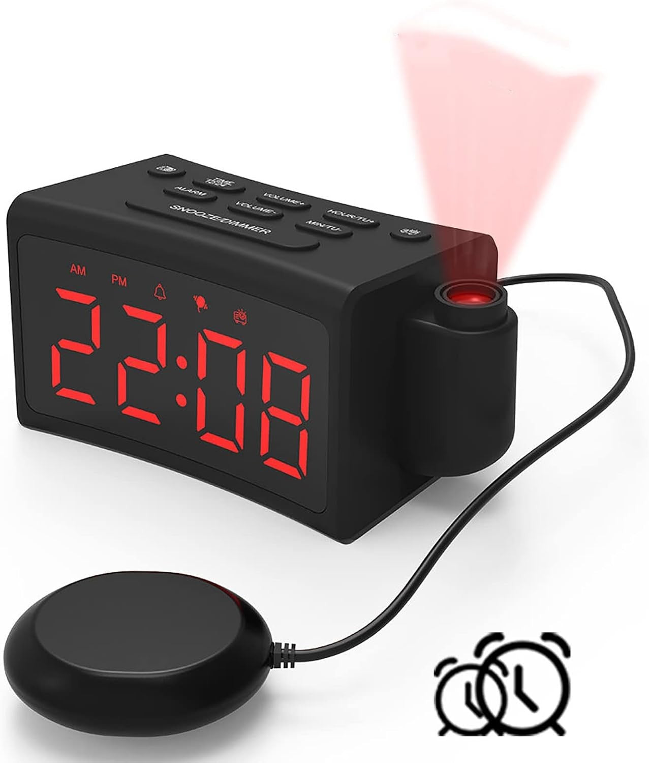 Vibrating Alarm Clock Bed Shaker Projection FM Radio Loud Dual Alarm