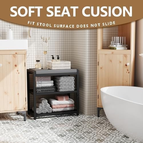 Black Shoe Bench with Cushion & Sturdy Metal Frame, Storage Rack Seat