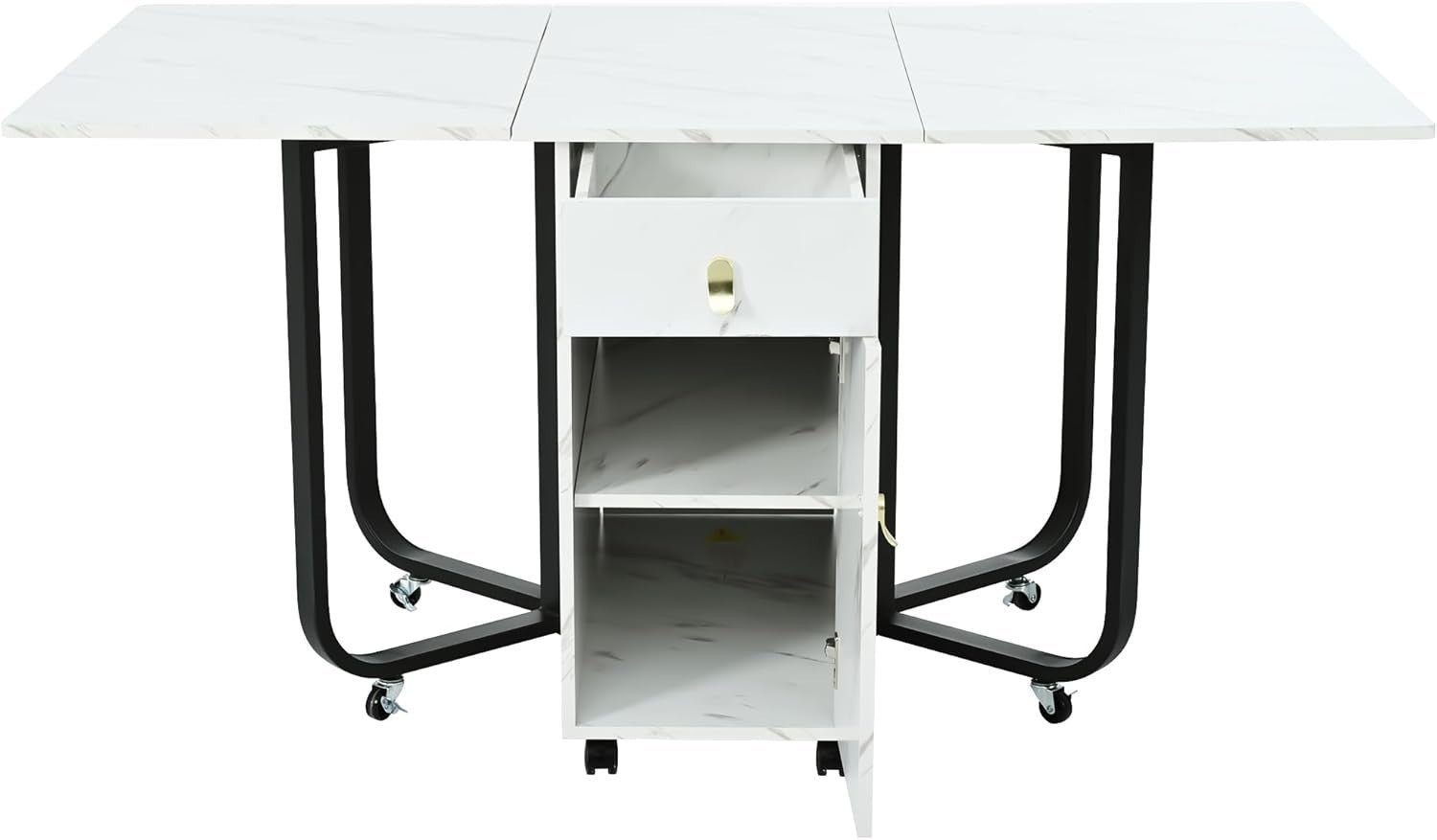 Folding Kitchen Island Unit  - Marble Dining Table with 2 Storage Drawers