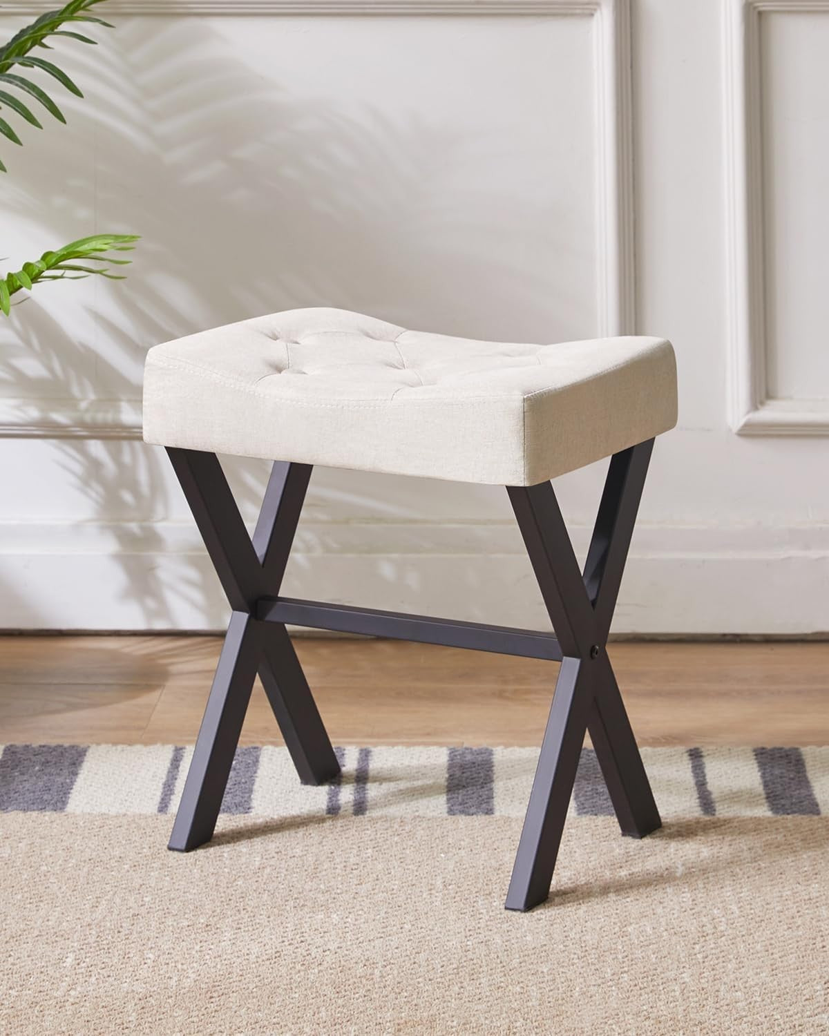 U-Shaped Linen Vanity Stool with X-Leg – Makeup Seat & Side Table
