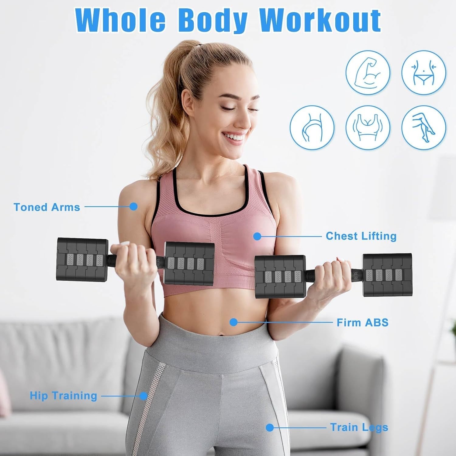 Quick-Adjust Dumbbell Set 5-in-1 3–11LB Pair Anti-Roll Home Gym