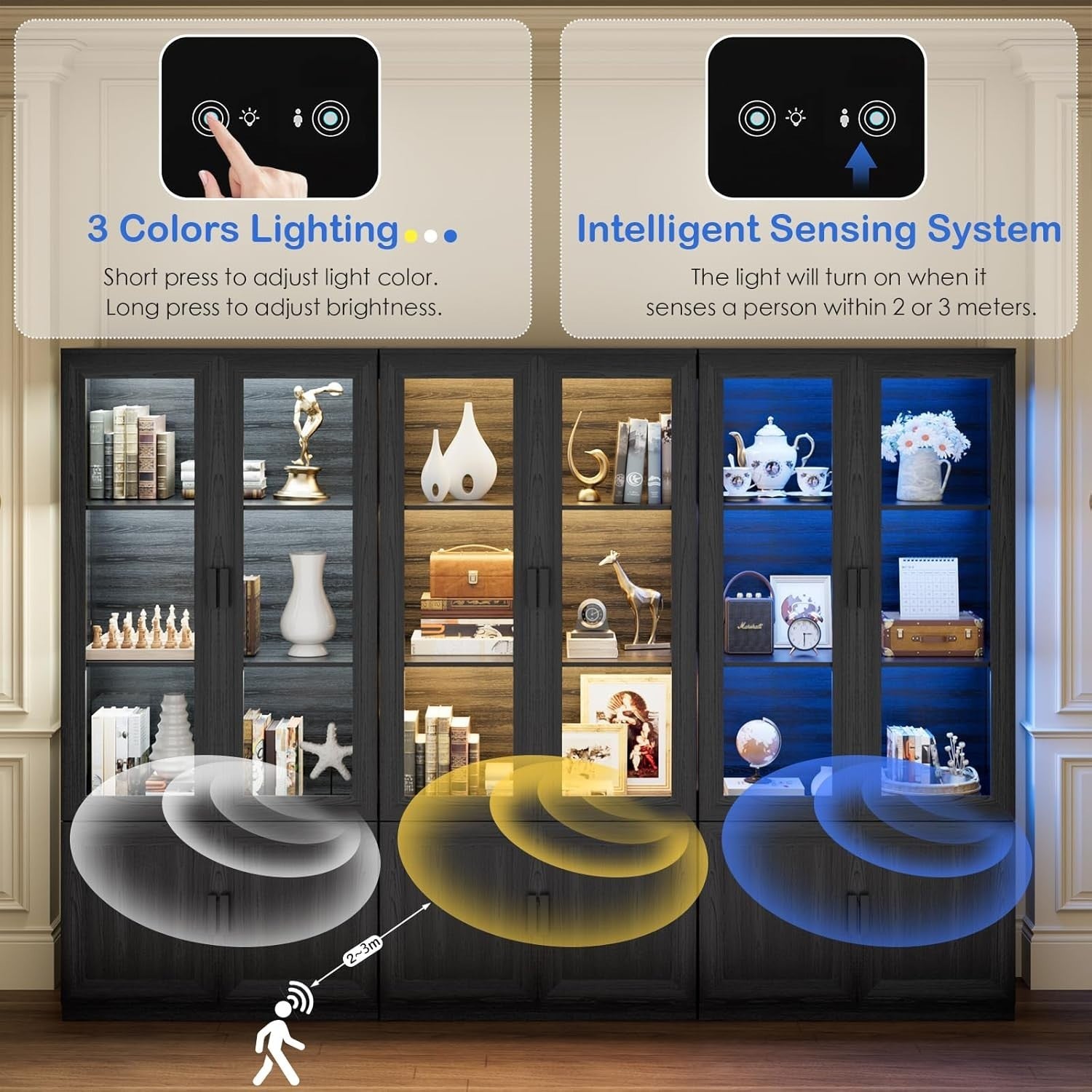 Glass Display Cabinet w/ Lights, Lockable Doors, 3-Tier Storage Unit