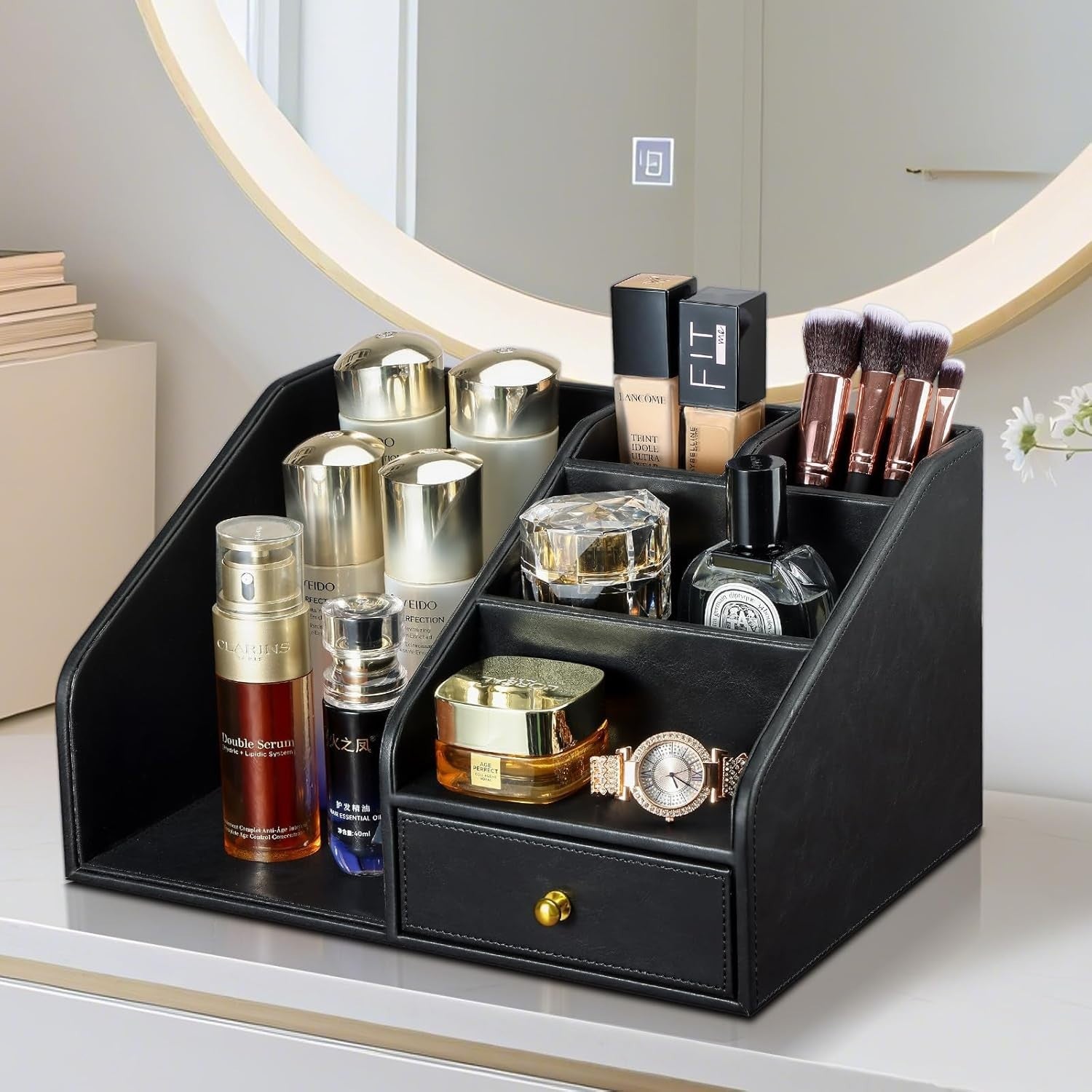 Black PU Leather Desk Organizer with A4 Magazine Rack & Pen Holder