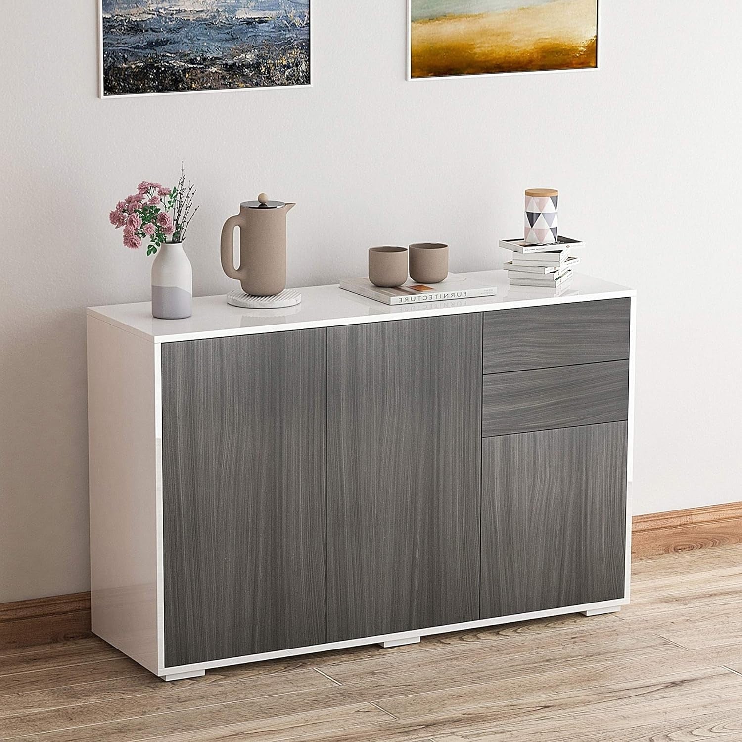 High Gloss Sideboard with Push-Open Drawers, 3 Doors, Modern Storage Unit