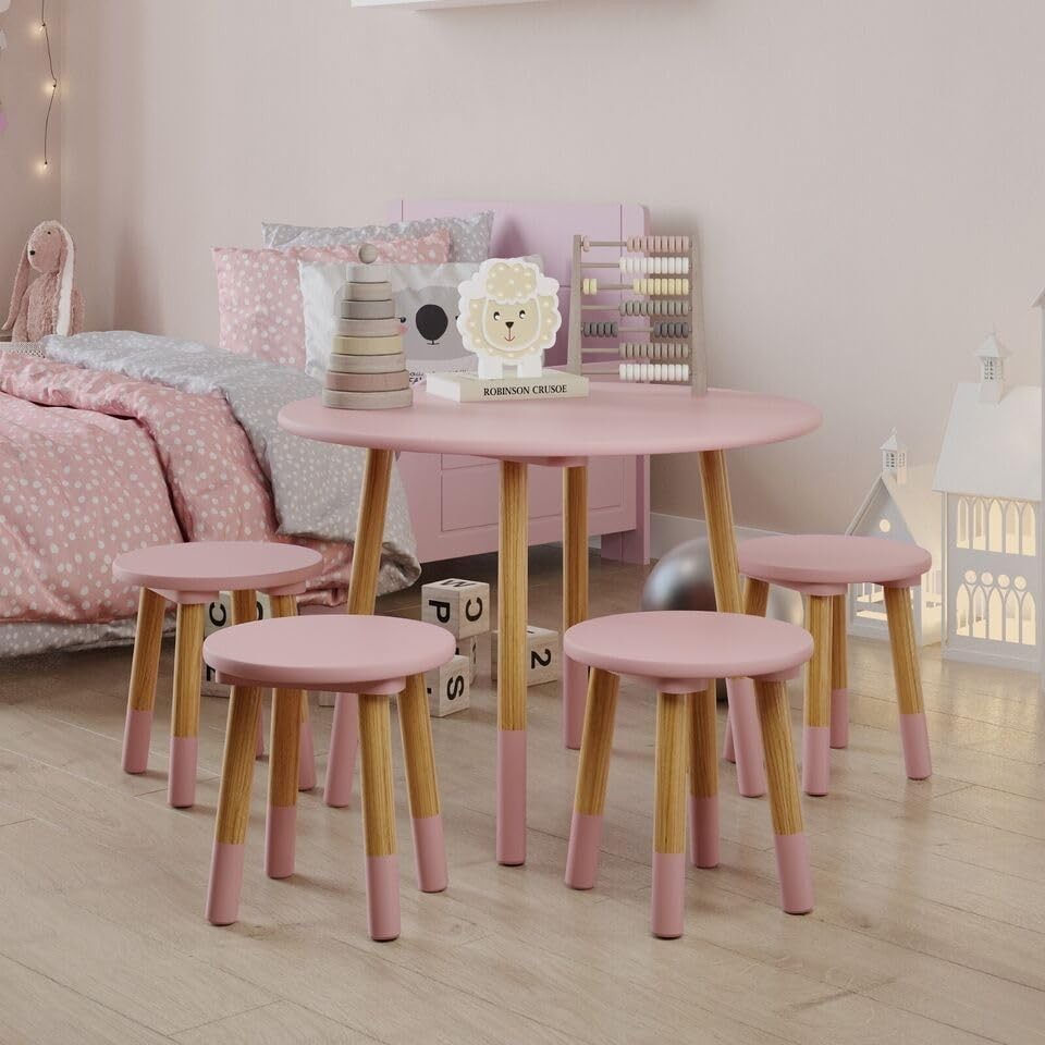 Kids Wooden Round Pink Table & 4 Chair Set, Sturdy Toddler Activity Furniture