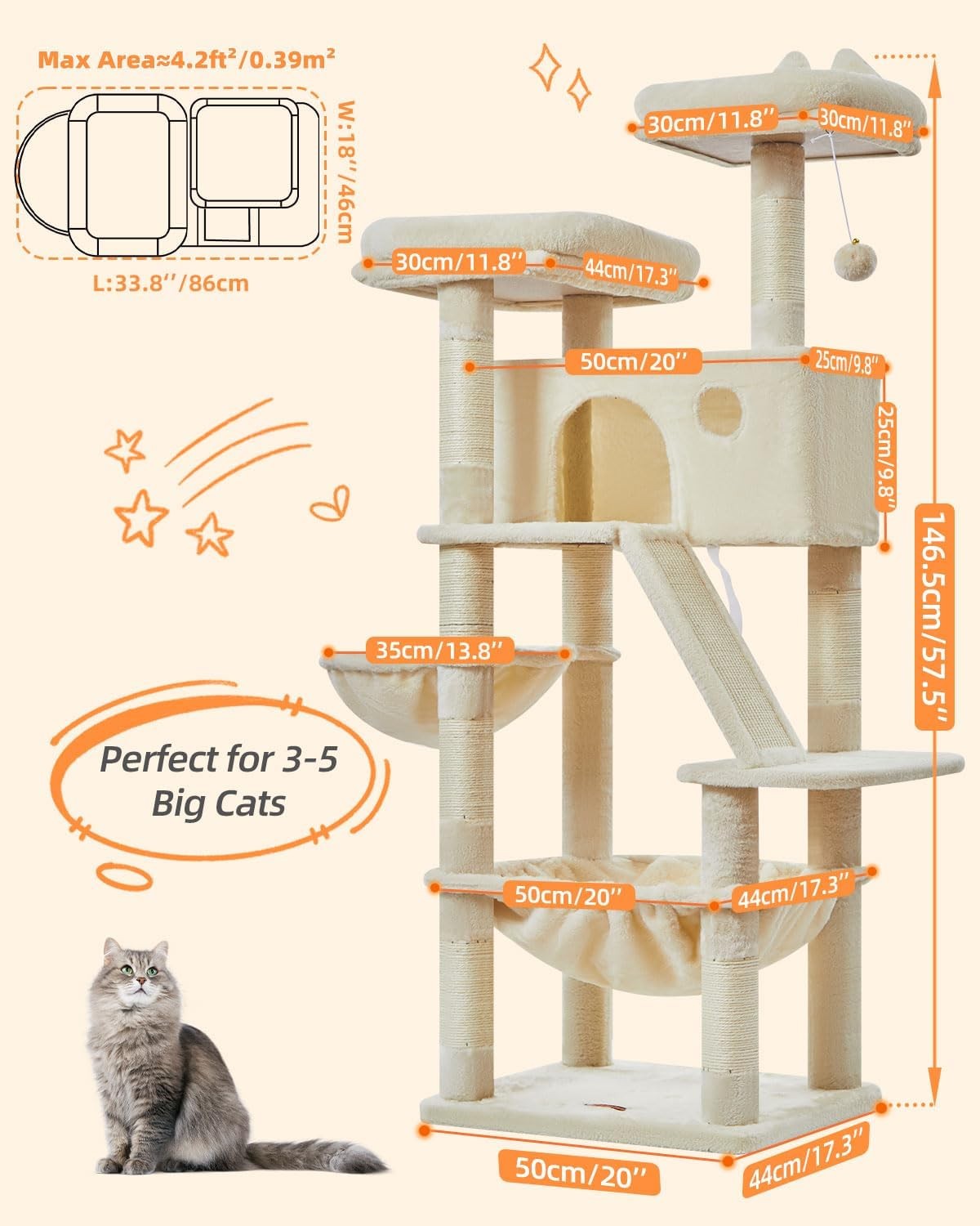 146cm Cat Tree Tower Multi Level Scratching Post Indoor with Hammock