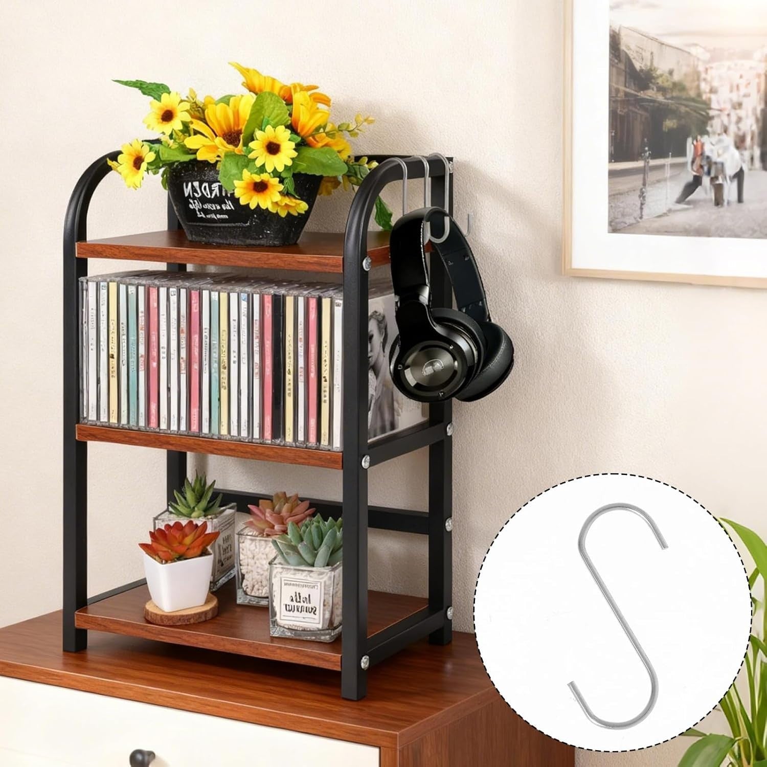 3 Tier CD Storage Shelf Wooden Metal Display Rack Game Disc Organizer