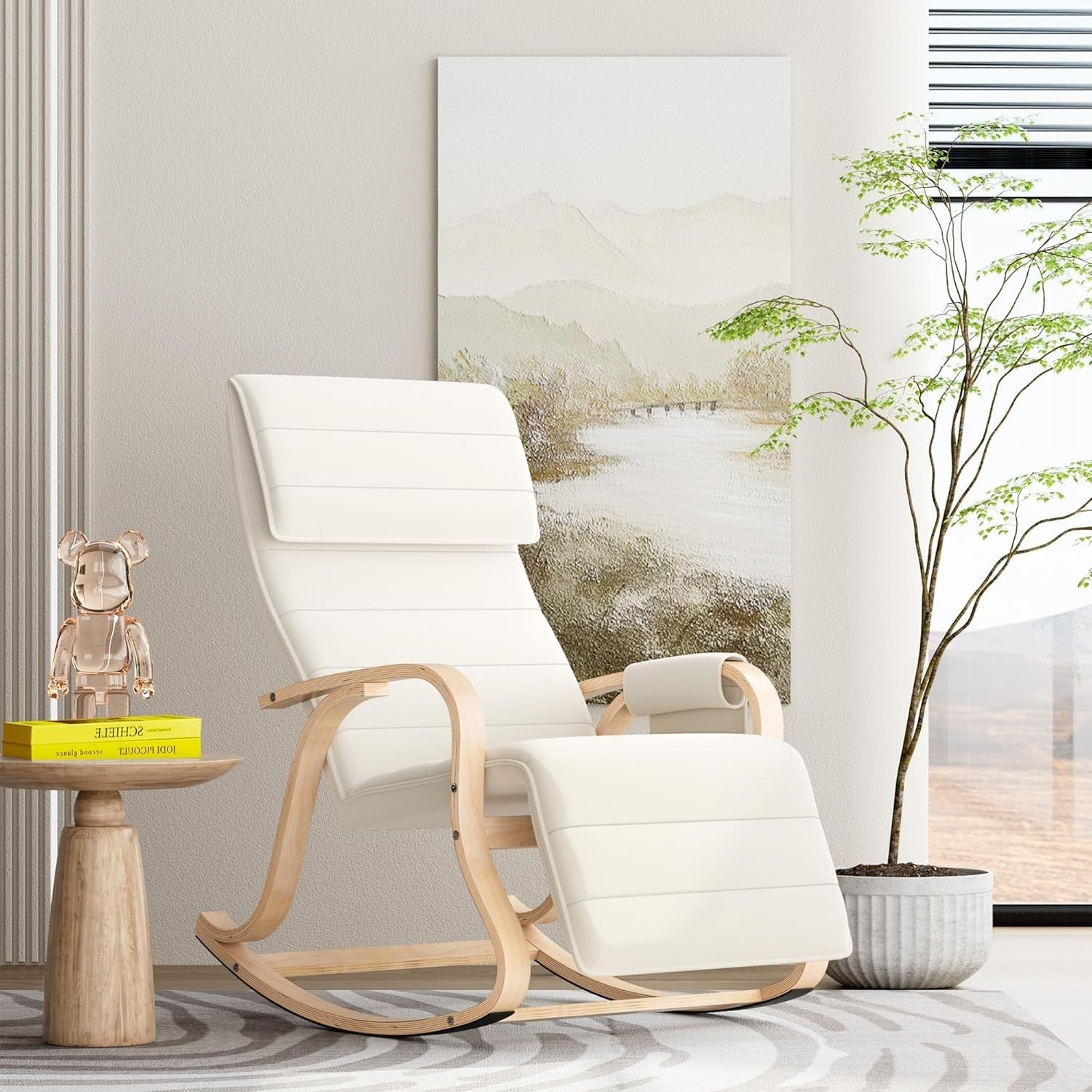 Comfortable Nursery Rocking Chair with Cushion & Adjustable Footrest, Beige