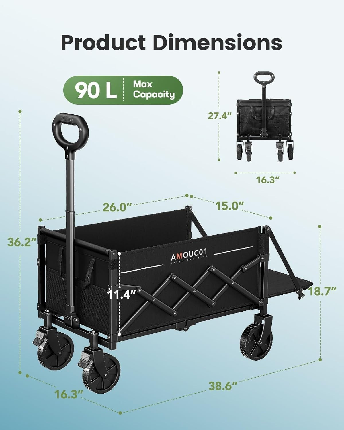 Black 90L Folding Festival Trolley Expandable Camping Wagon 360lbs Heavy Duty