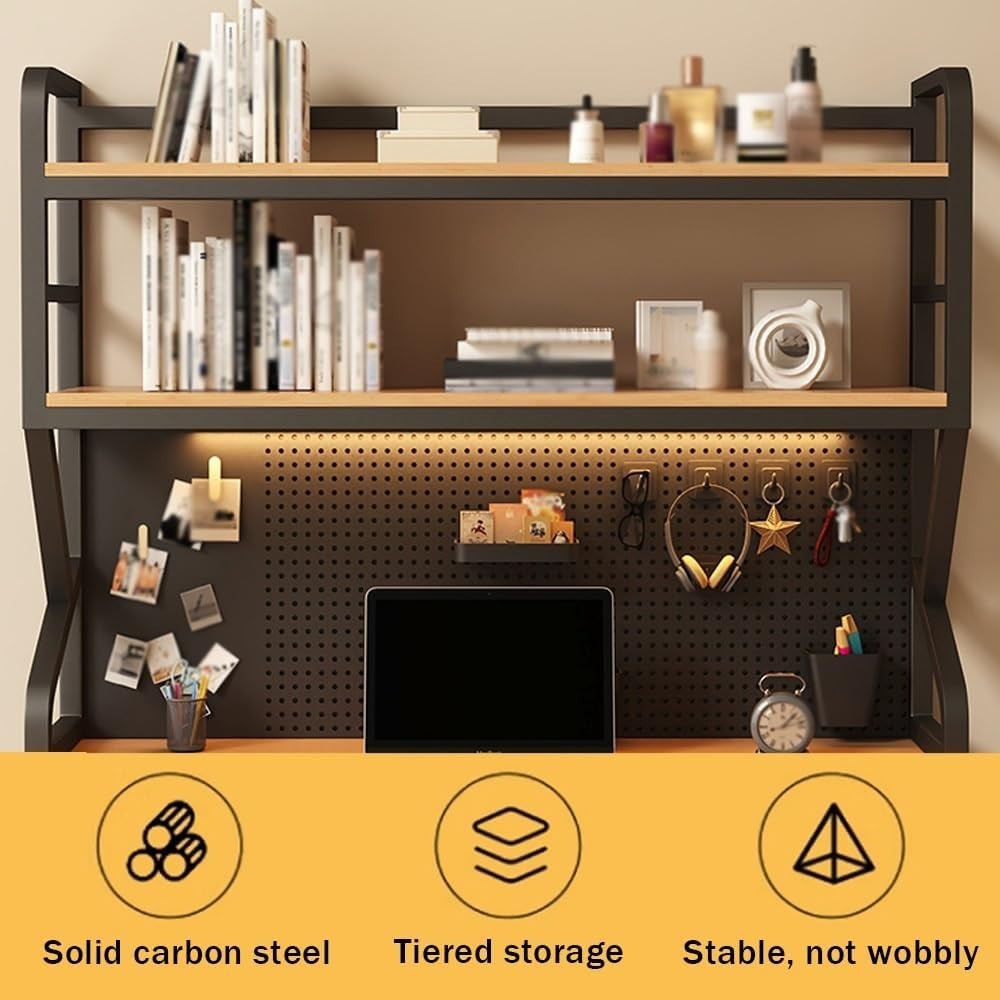 70cm Black Desktop Bookshelf Pegboard 2-Tier Desk Hutch Organizer Shelf