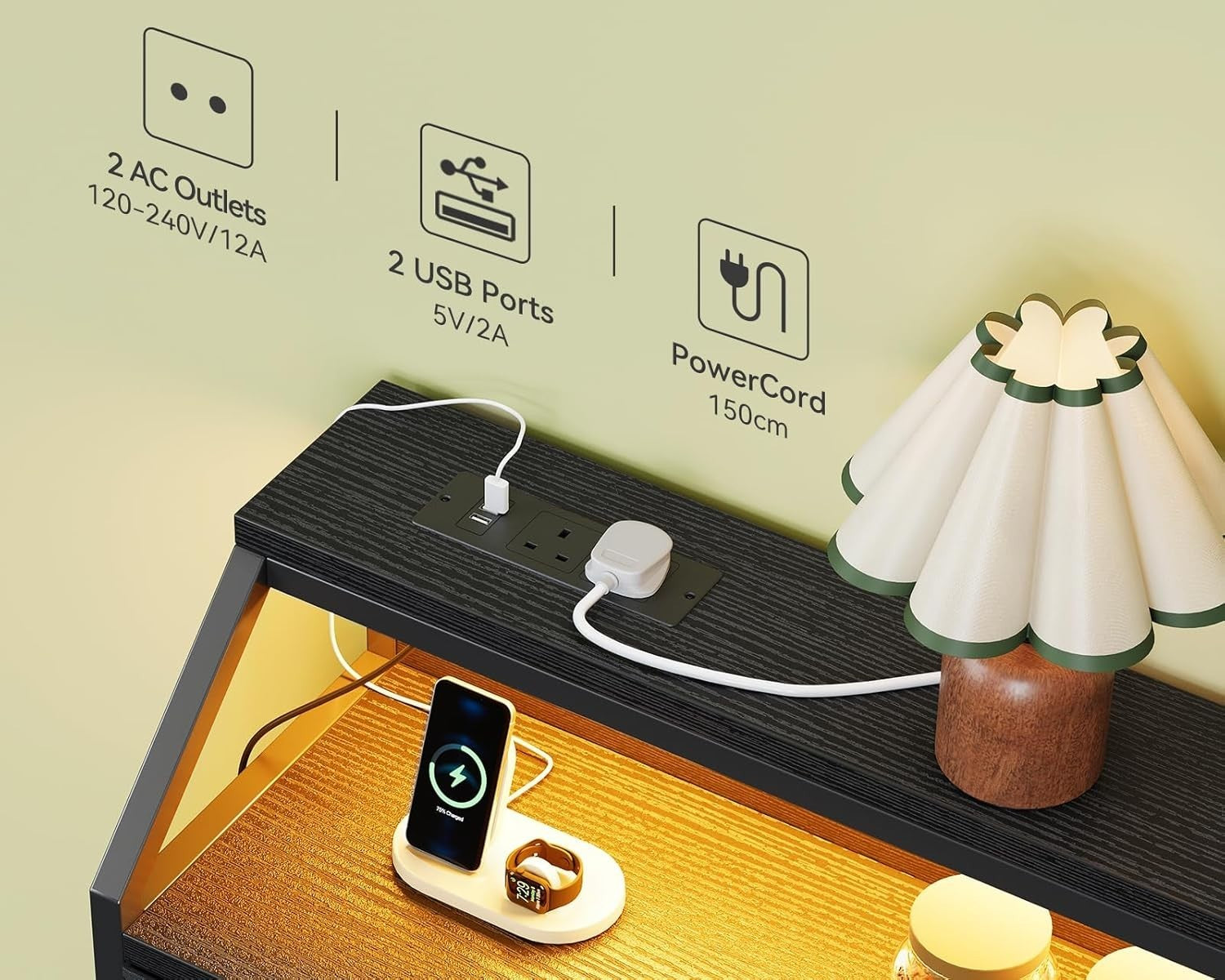 Modern Black Chest of Drawers 9 Fabric Drawers USB Ports LED Light Strip