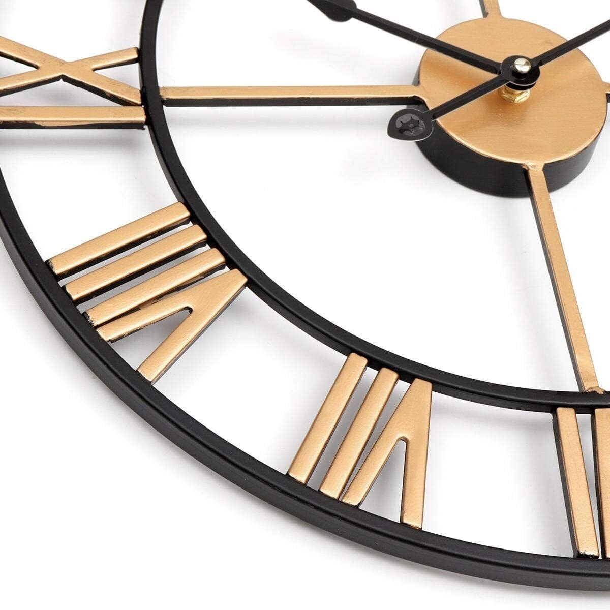 Large 60cm Skeleton Wall Clock Metal Roman Numerals Vintage Gold Black Home Deco