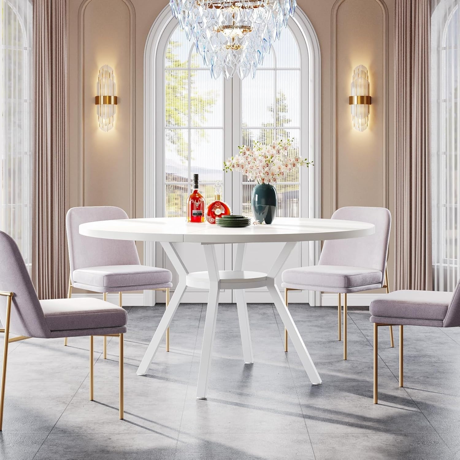 Modern Round Dining Table 120CM Seats 6–8 Metal Legs White Kitchen
