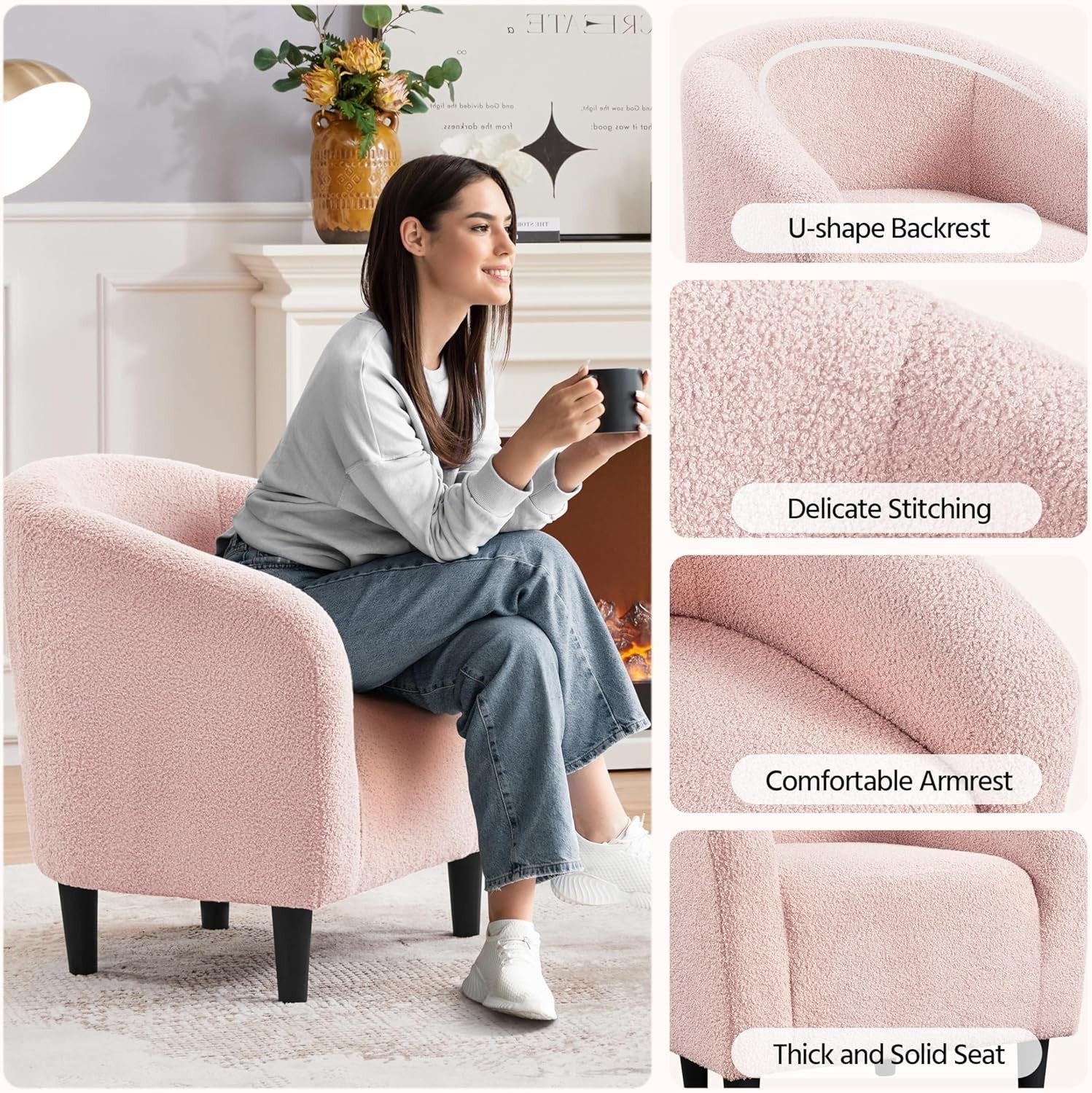 Pink Boucle Accent Tub Chair | Cozy Armchair for Bedroom, Living Room, Café