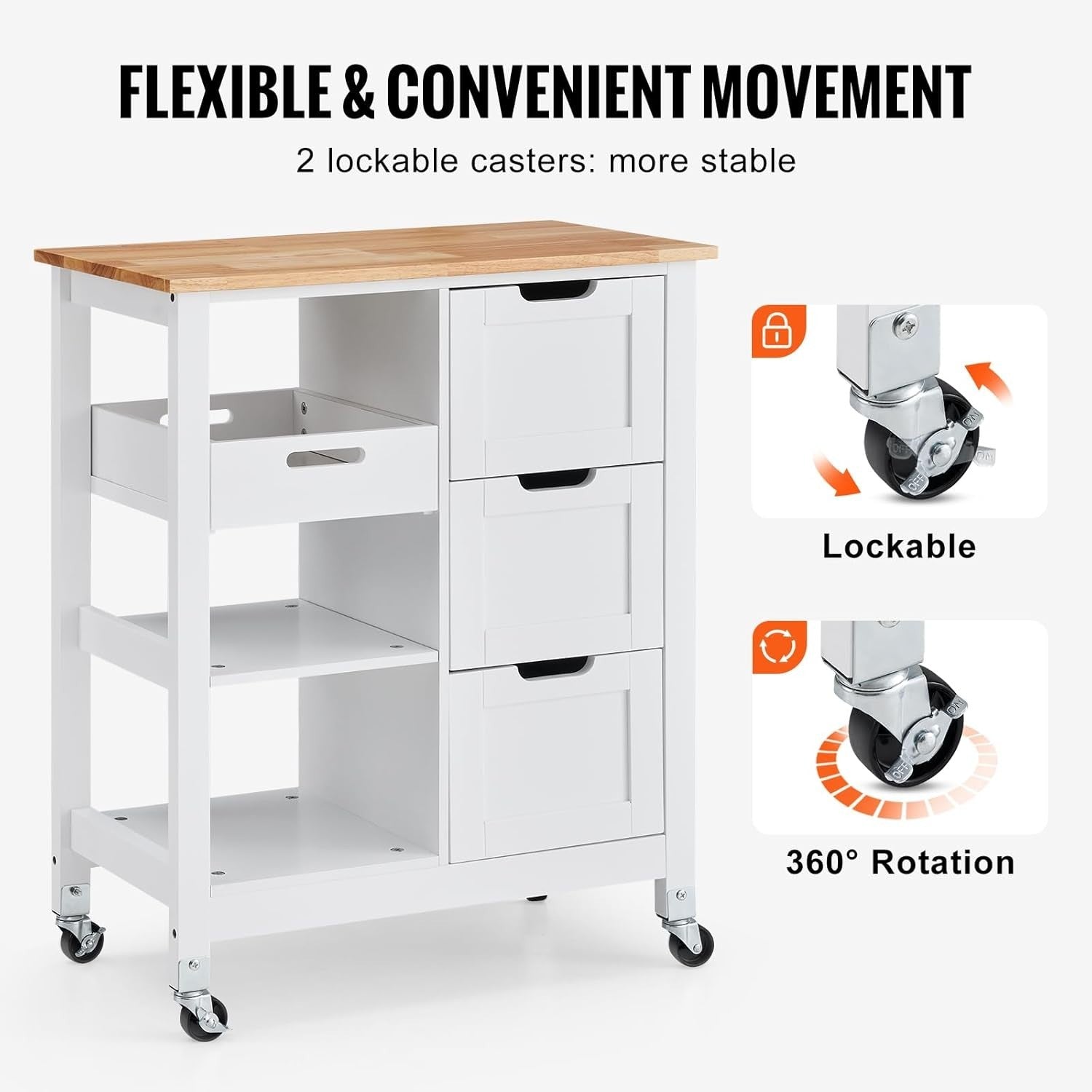 Rolling Kitchen Island Cart with Solid Wood Top, Storage Drawers & Shelves