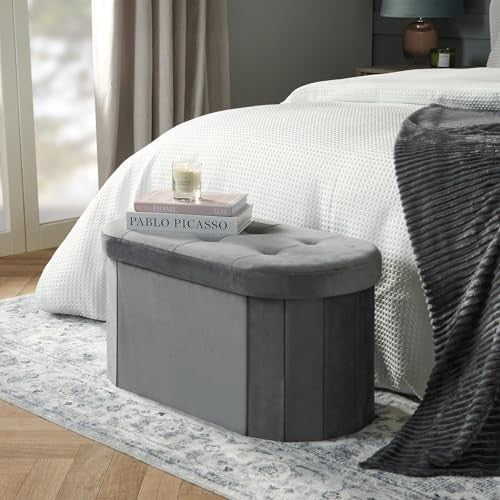 Charcoal Velvet Ottoman Storage Bench, Upholstered Seat with Hidden Compartment