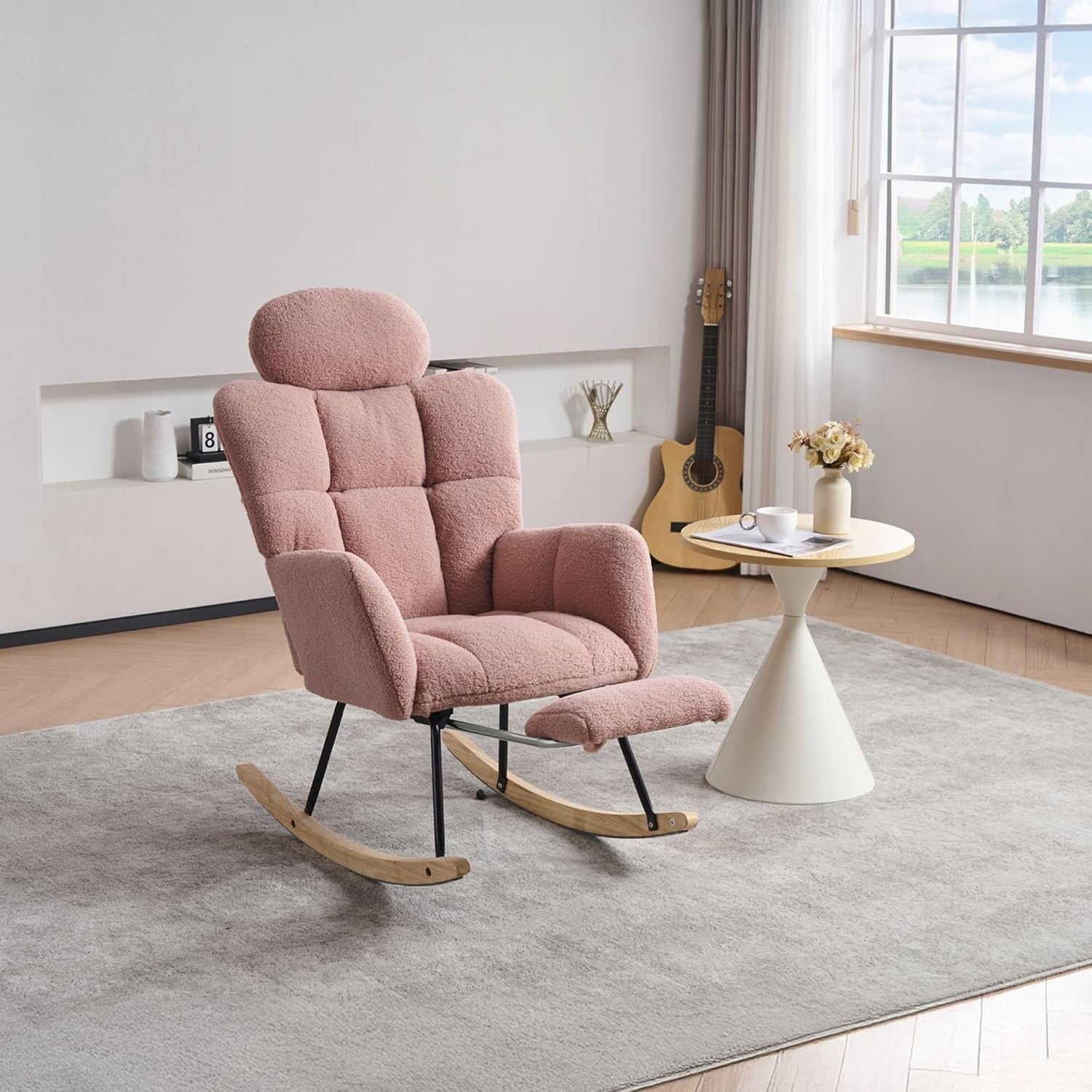 Pink Rocking Recliner Chair w/ Footrest & Headrest – Soft Teddy Armchair 125cm
