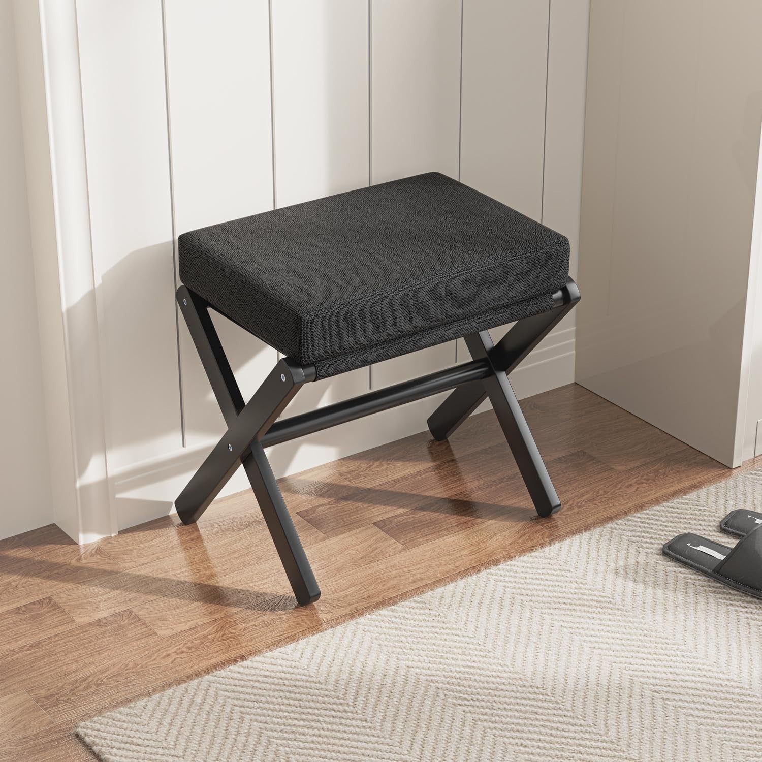 Black Foldable Footstool Ottoman with Bamboo X-Legs & Thick Chenille Cushion