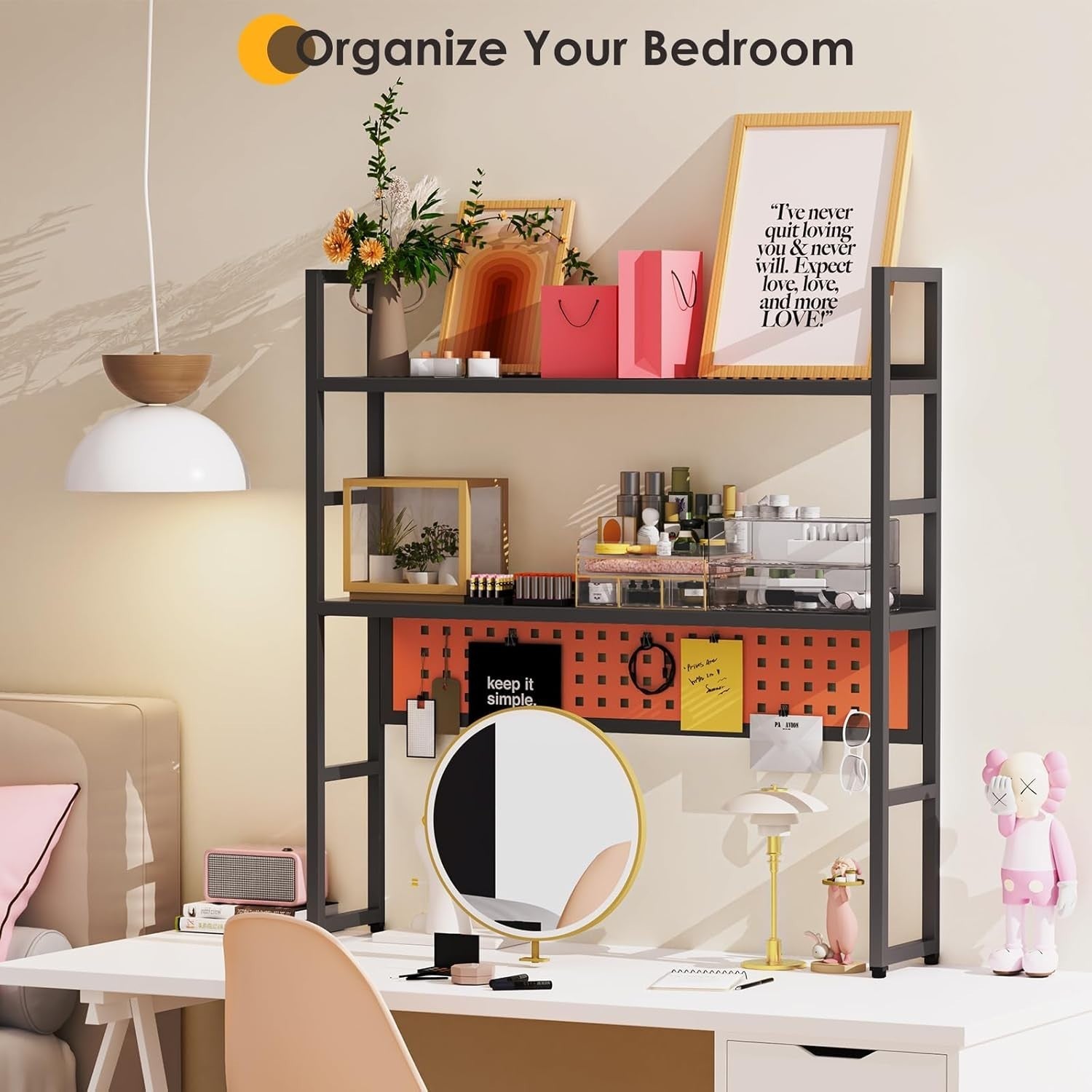 35.4" Metal Desk Hutch Shelf with Pegboard | 2-Tier Desktop Organizer Black