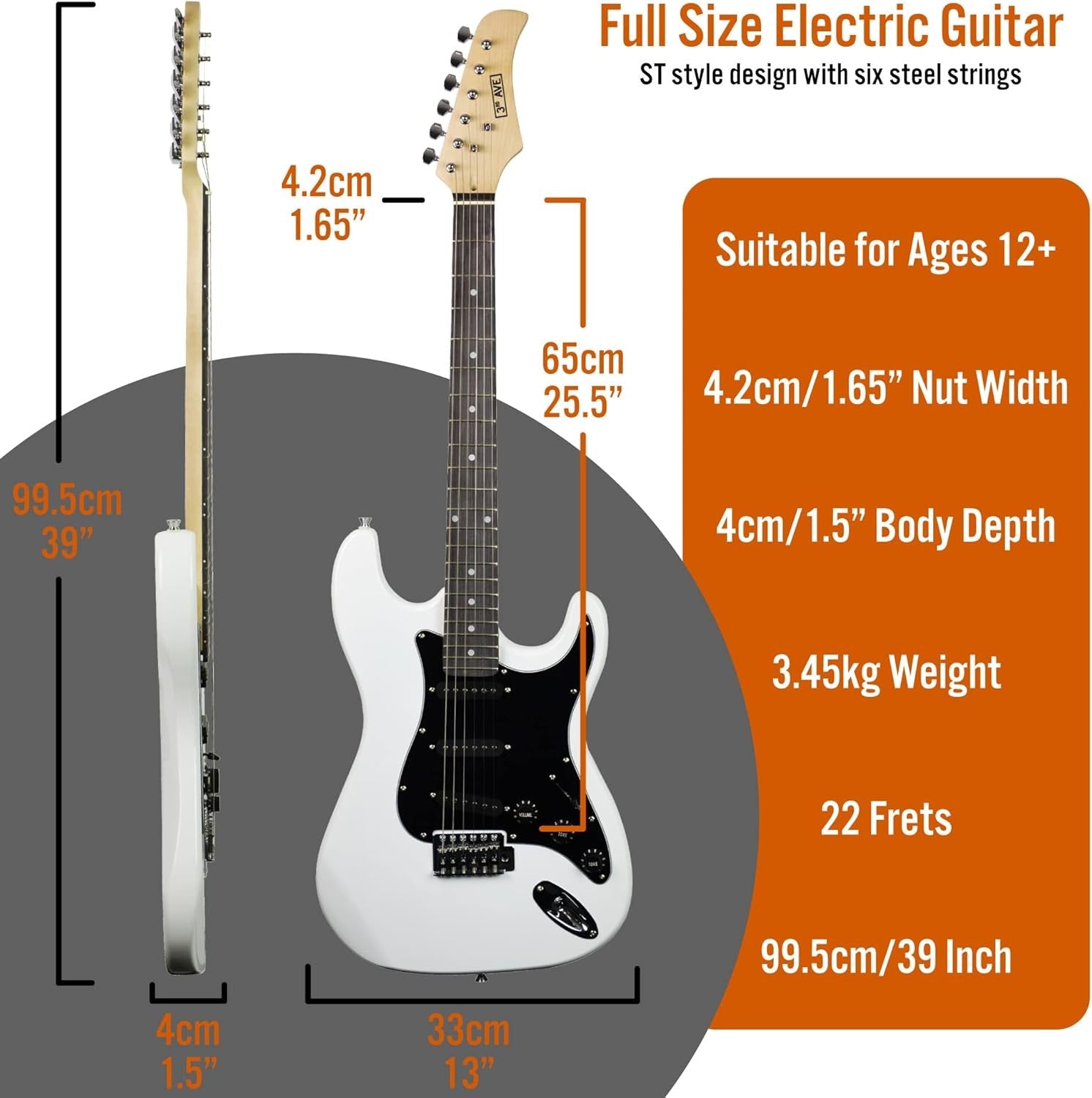 Electric Guitar Full Size 4/4 Starter Kit Amp Cable Bag White