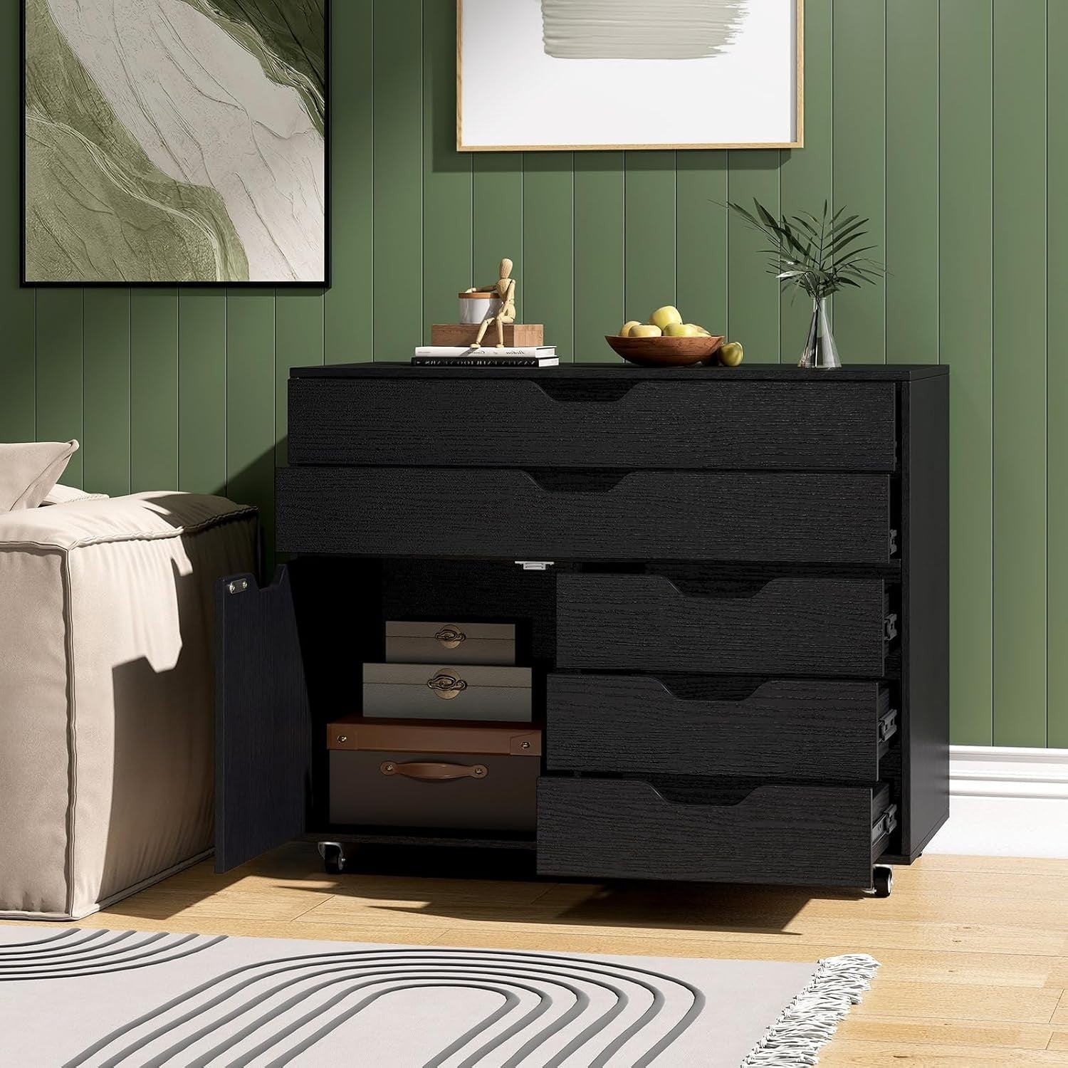 Black Mobile File Cabinet 77x40x64cm 5 Drawer Printer Stand