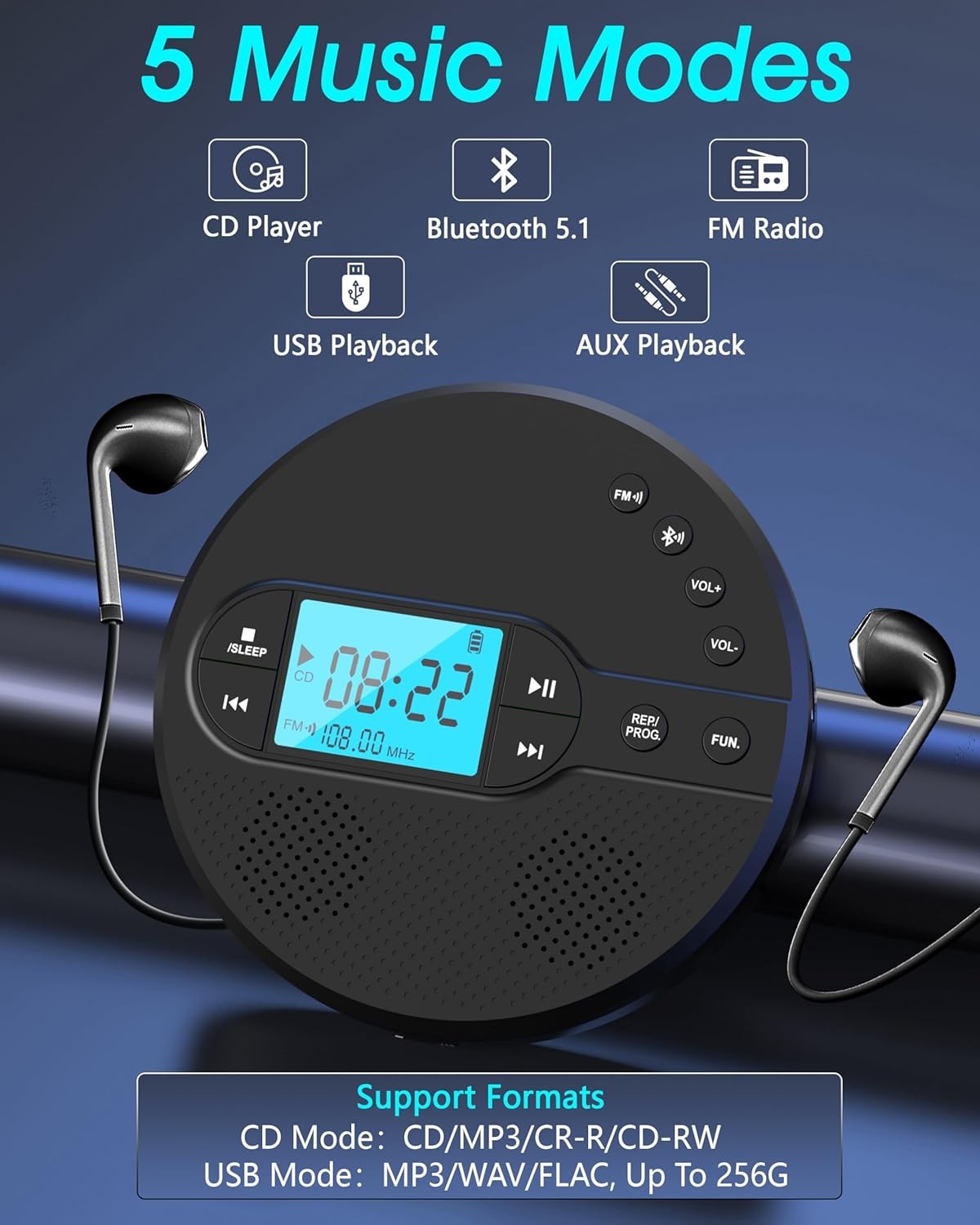 Portable CD Player Bluetooth FM Transmitter Rechargeable