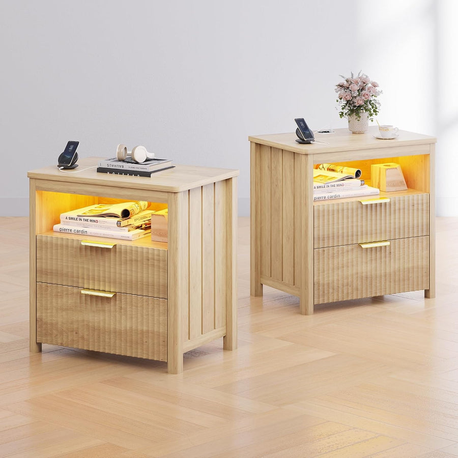 Set of 2 Natural Wood 24" Bedside Tables with Charging Station, LED & 3 Drawers
