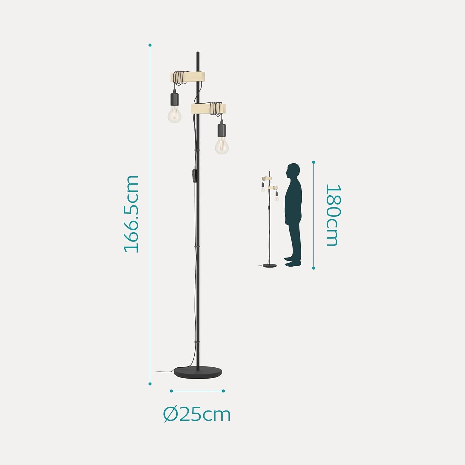2 Light Vintage Floor Lamp Wood & Metal Standing Lamp E27 Retro Style