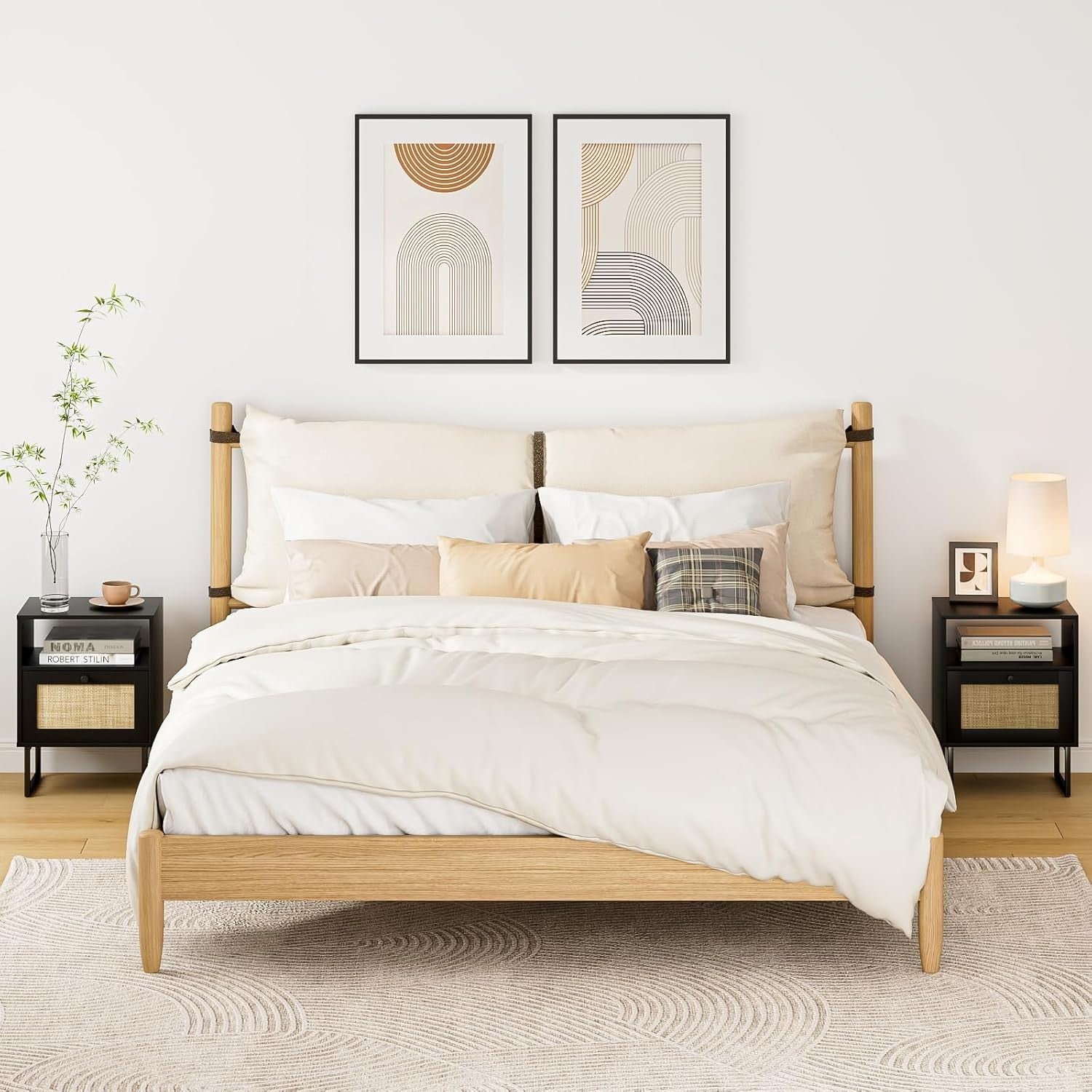 Luxury Rattan Bedside Table with Drawer Black Oak Nightstand XL Boho Style