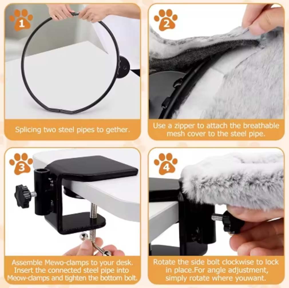 Rotating Cat Desk Hammock Faux Fur Clamp On Kitty Bed White
