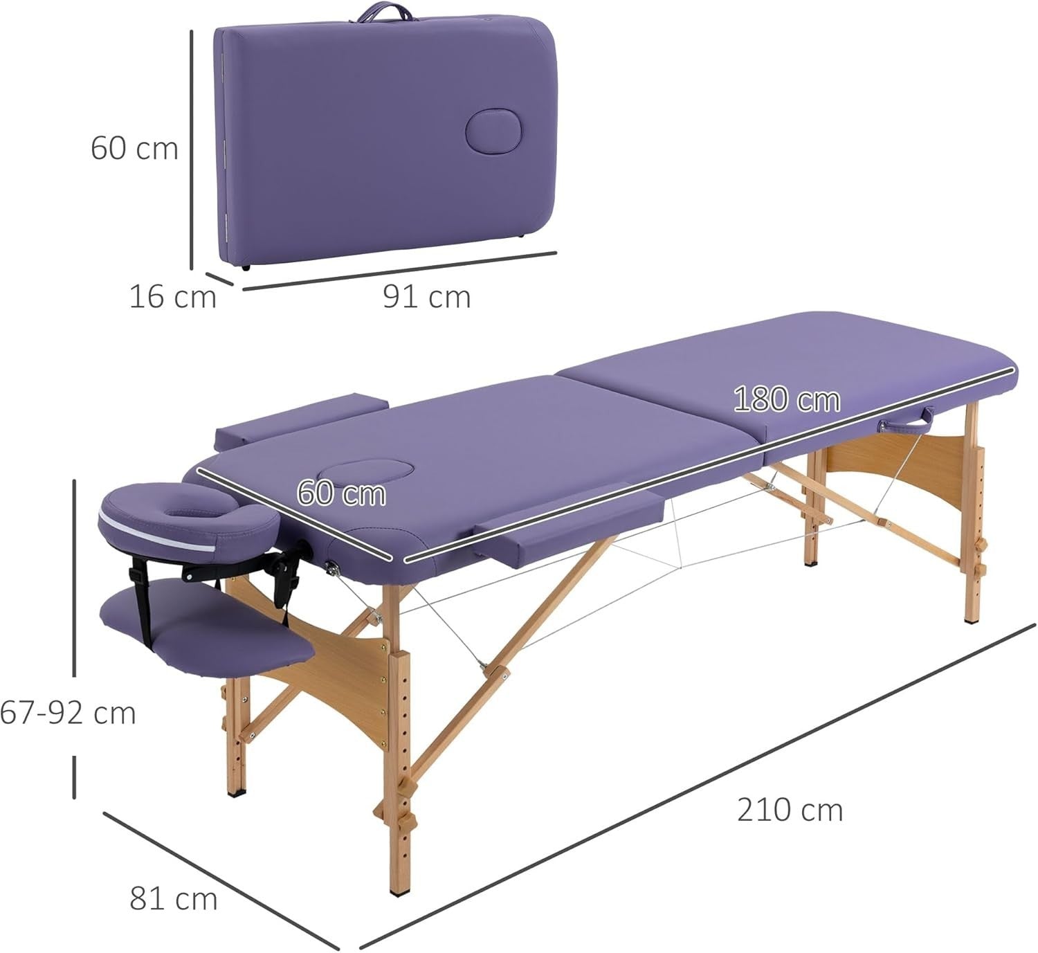 Portable Massage Table Folding 2-Section Wooden Beauty Spa Bed w/ Bag Purple