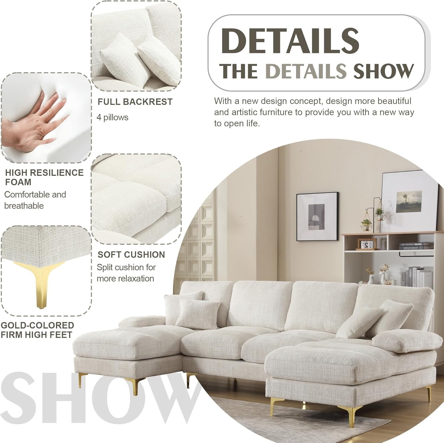 4 Seater U-Shaped Sofa Beige Chenille Sectional with Double Chaise & 4 Pillows