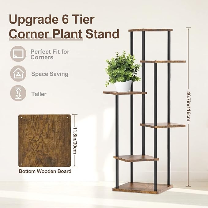 6 Tier Tall Metal Wood Plant Stand Indoor Outdoor Corner Display Rack Black