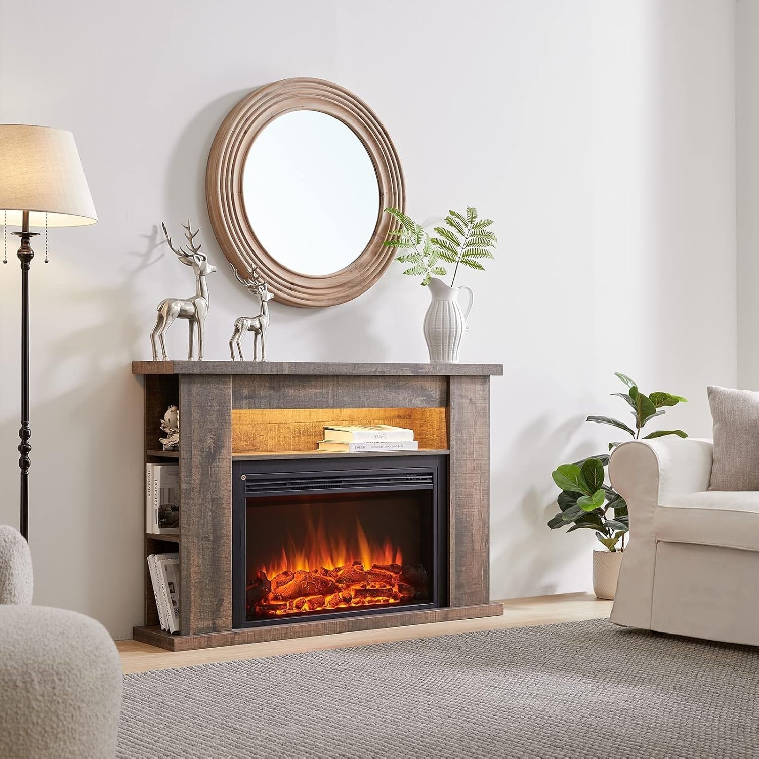 Electric Fireplace Suite with Heater & Storage Shelves 51" Dark Oak