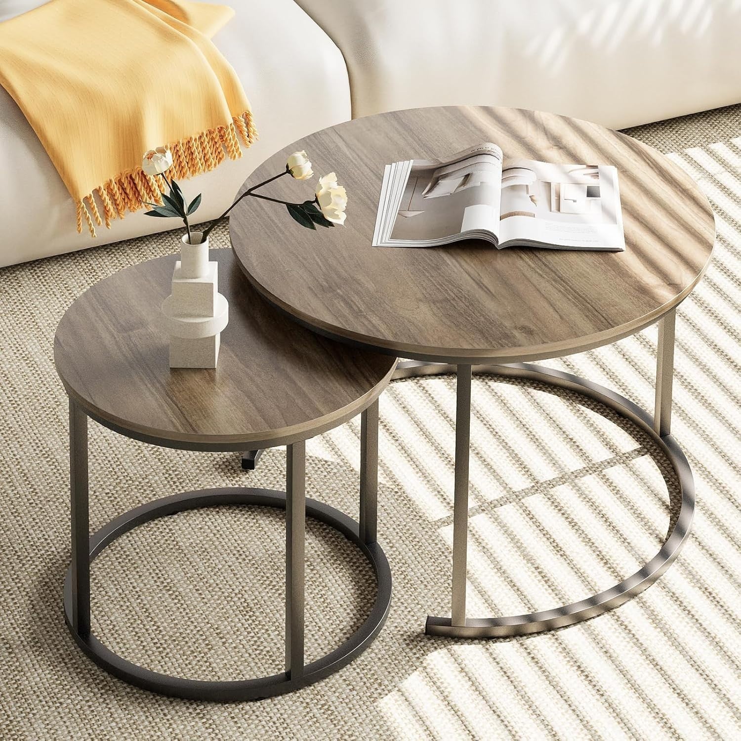 2-Piece Nesting Round Coffee Table Set with Oak Top & Black Metal Frame