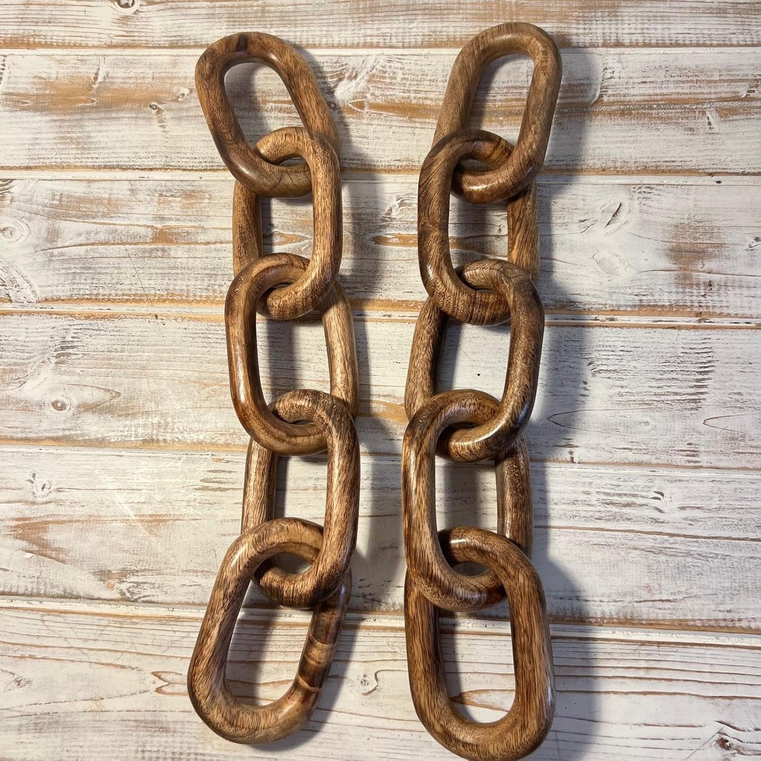 Rustic Wooden Chain Ornaments Set of 2 | 5-Link Wood Decor | Shelf Mantel Table