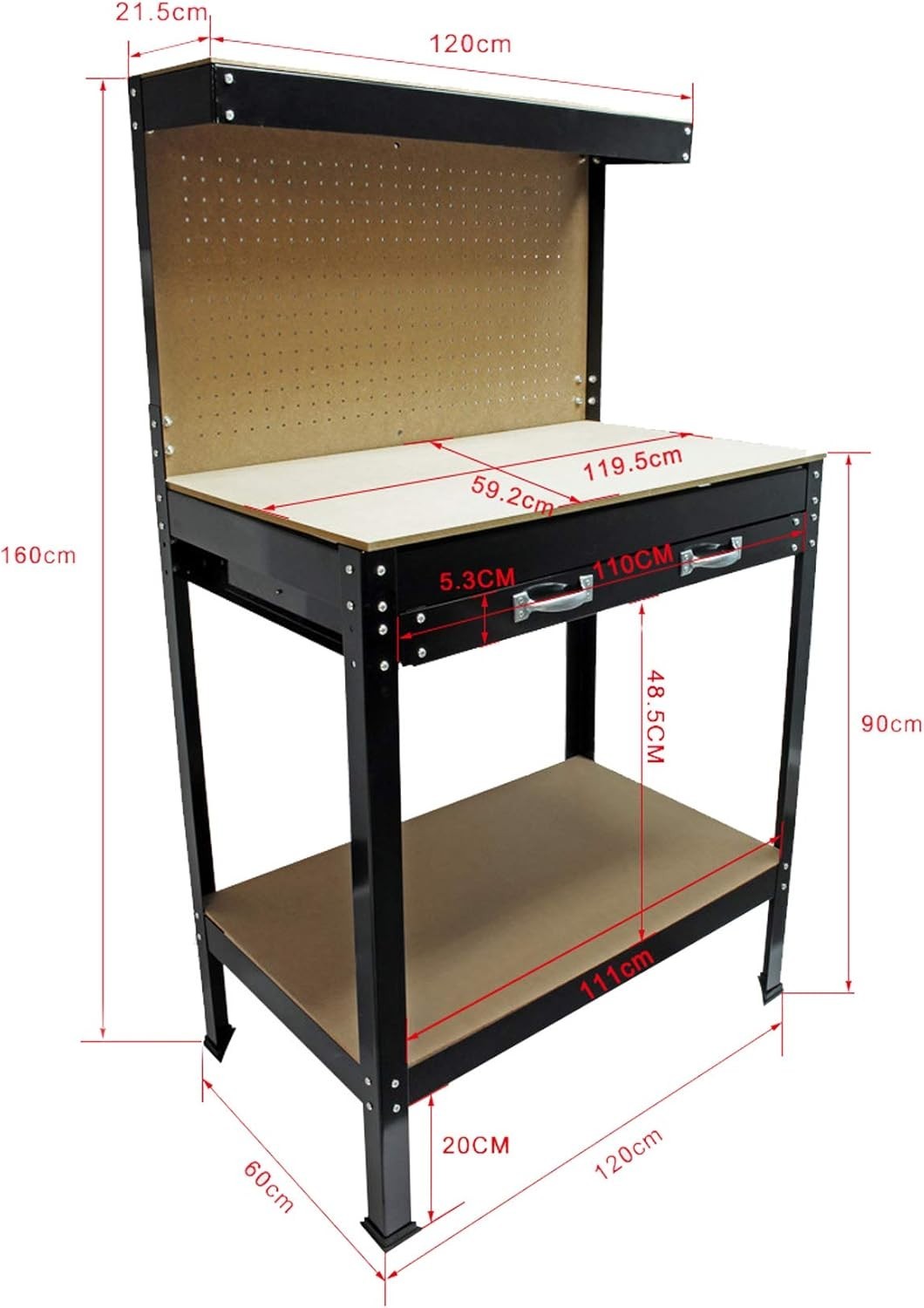 Workbench 1200x600x1600mm with Drawer Pegboard Shelf Garage Tool Station