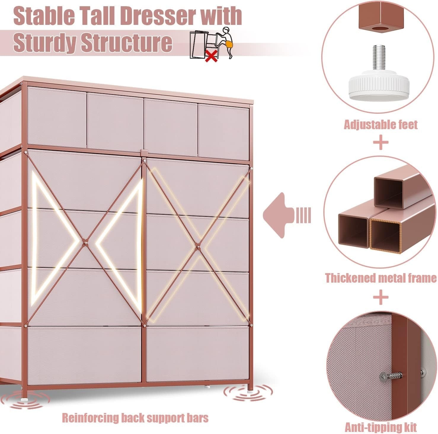 Pink 12 Drawer Tall Chest of Drawers Storage Unit for Bedroom Nursery