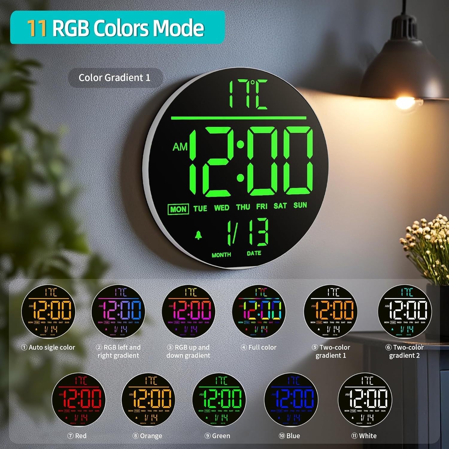 White Green 10in Large Digital Wall Clock RGB LED Remote Auto Bright