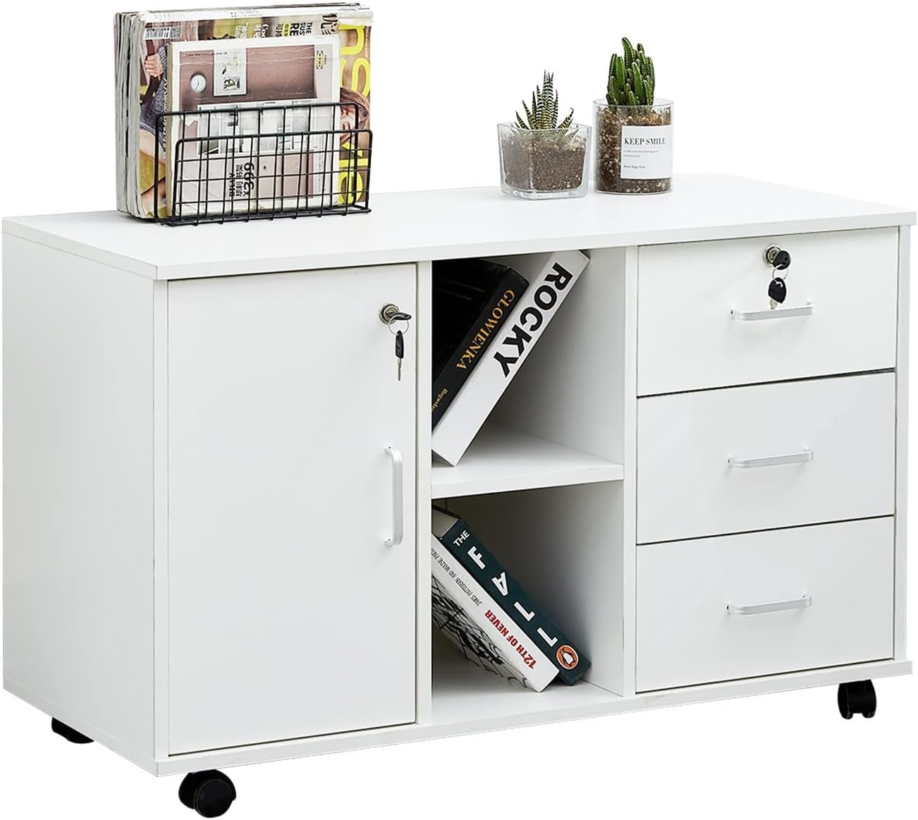 Large Locking Rolling File Cabinet 3 Drawer Printer Stand Storage Unit