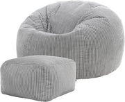 Large Corduroy Bean Bag Chair with Footstool, Adult Lounge Seat