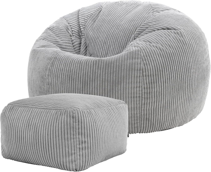 Large Corduroy Bean Bag Chair with Footstool, Adult Lounge Seat