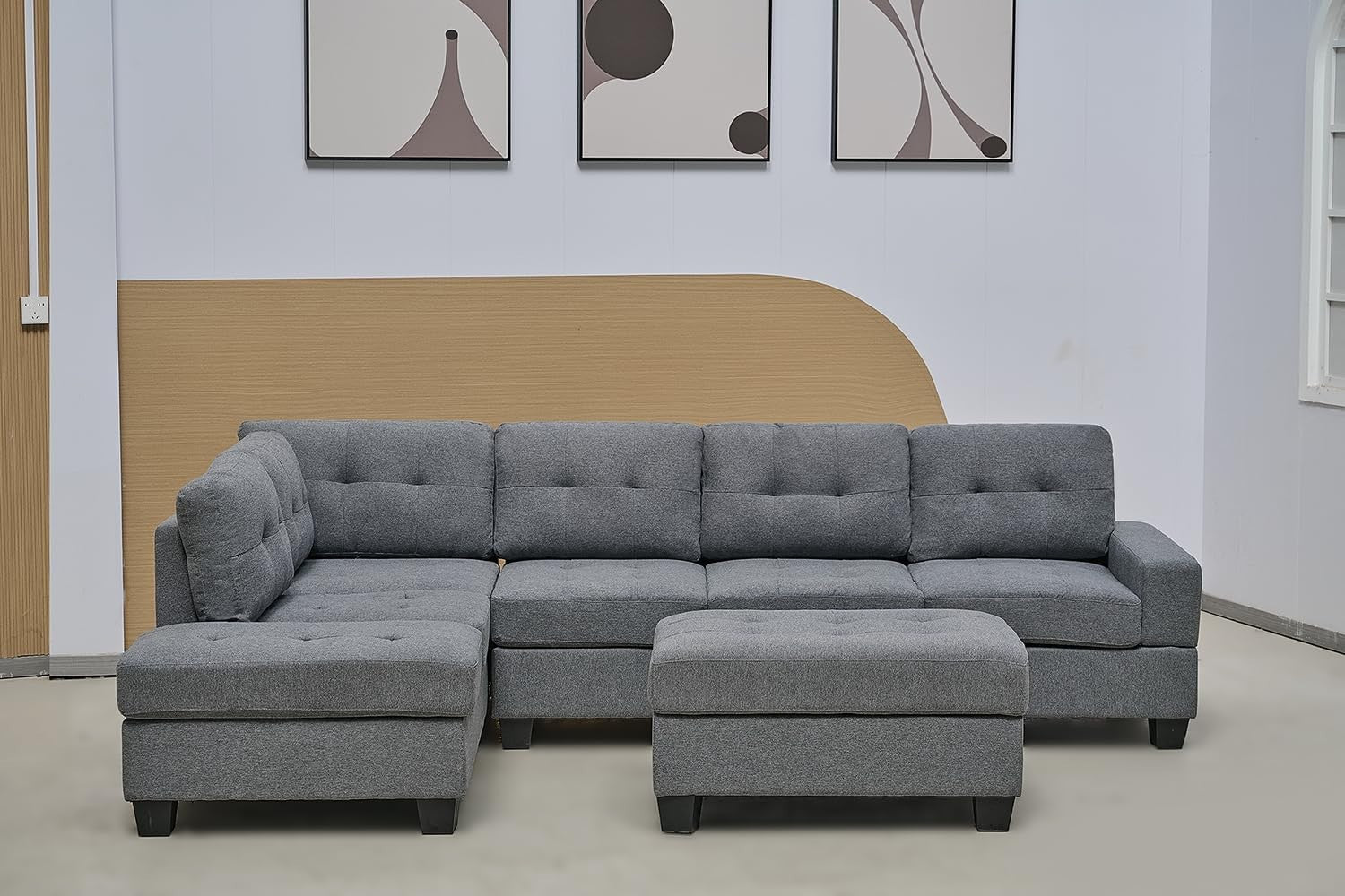 Comfortable Grey L-Shape Corner Sofa with Ottoman & Cup Holders, Modular