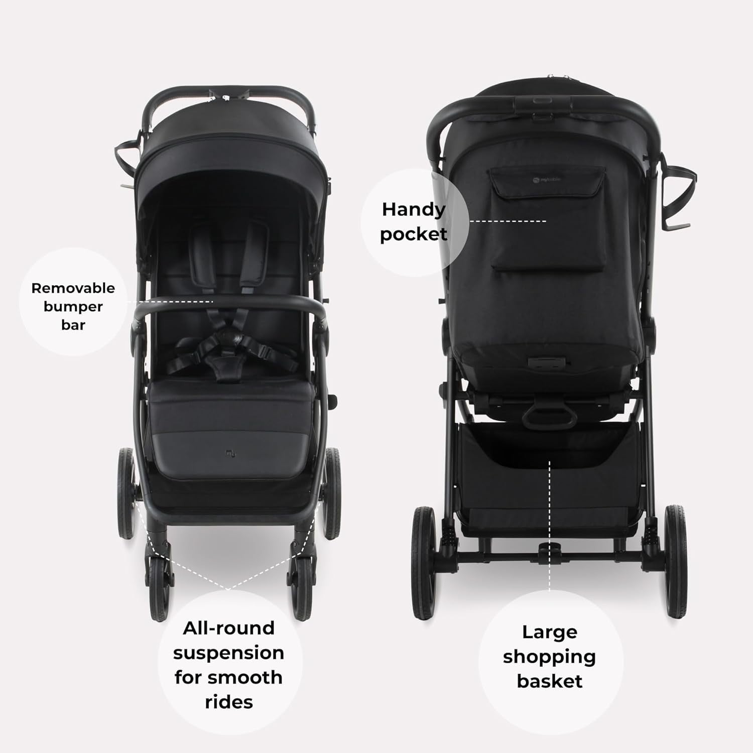 Compact Baby Pushchair Stroller From Birth to 22kg Foldable Black