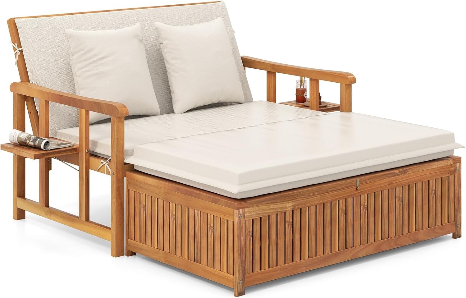 Acacia Wood Outdoor Loveseat & Ottoman Daybed with Cushions, Adjustable Back