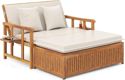 Acacia Wood Outdoor Loveseat & Ottoman Daybed with Cushions, Adjustable Back