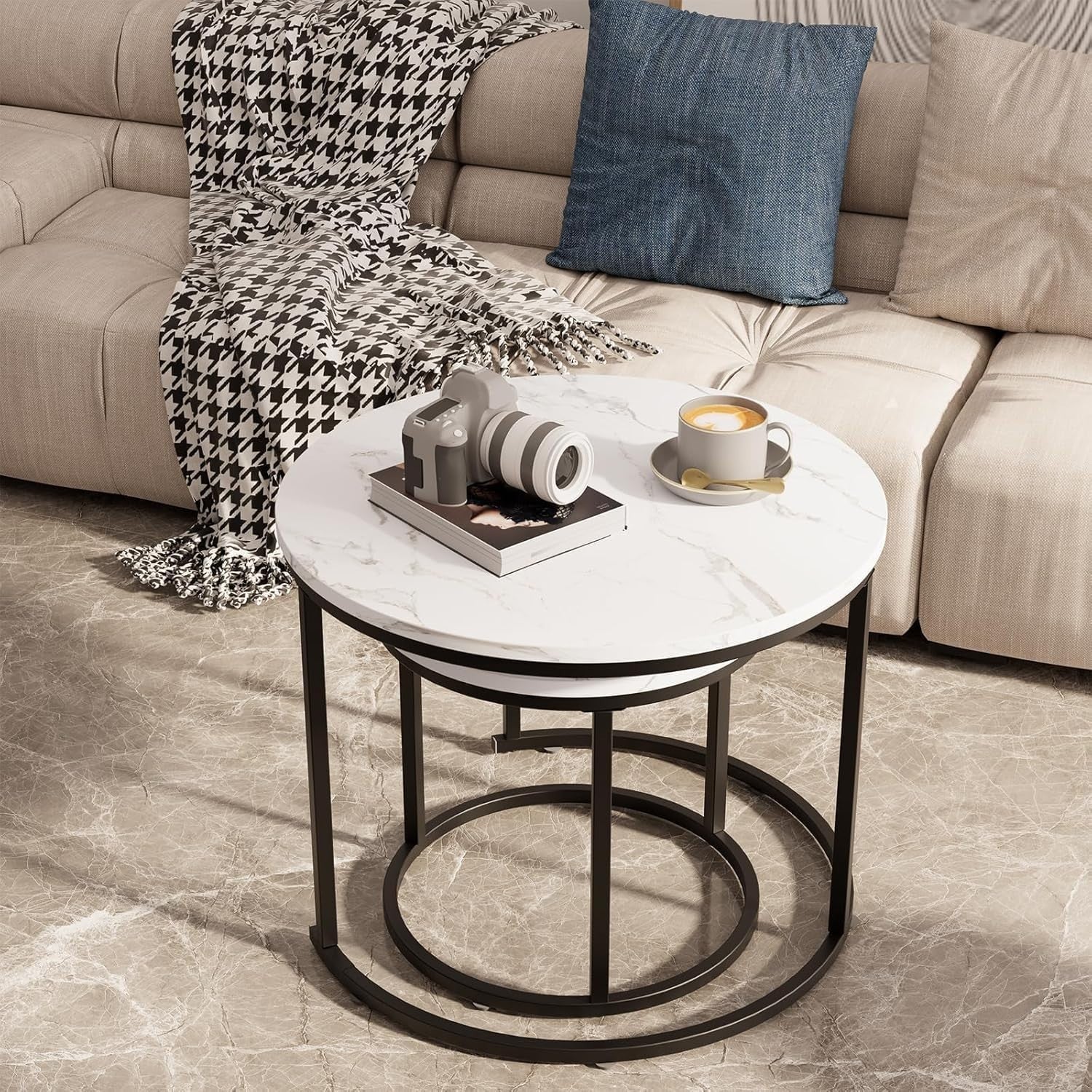 Nesting Coffee Table Set 2 Round Black Marble Metal Frame Living Room Furniture