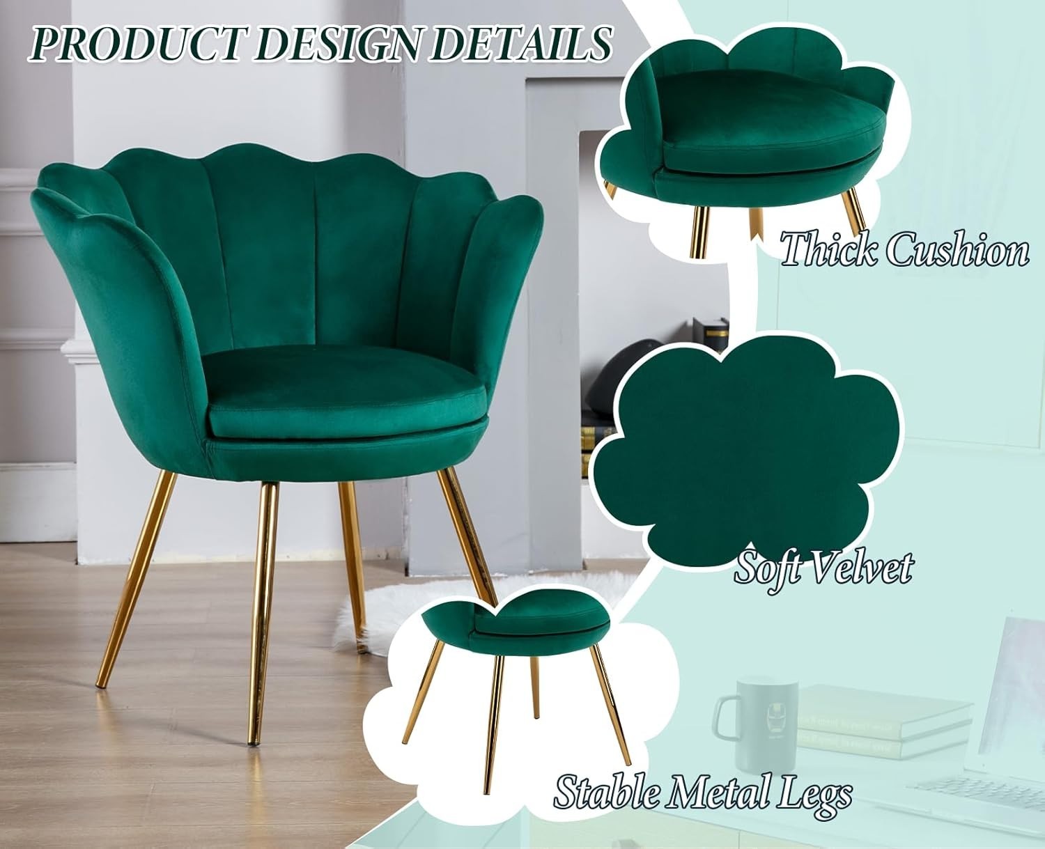 Green Velvet Lounge Chair Gold Legs | Petal Back Armchair for Bedroom